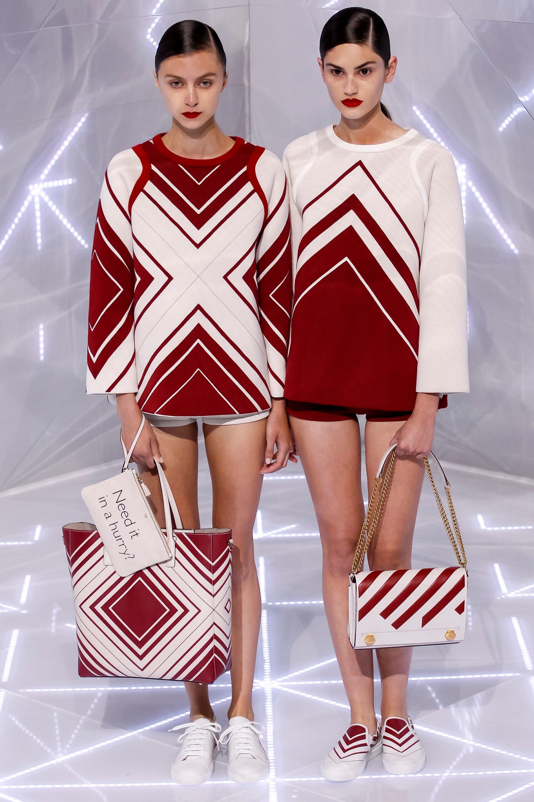 red and white geometric top with shorts