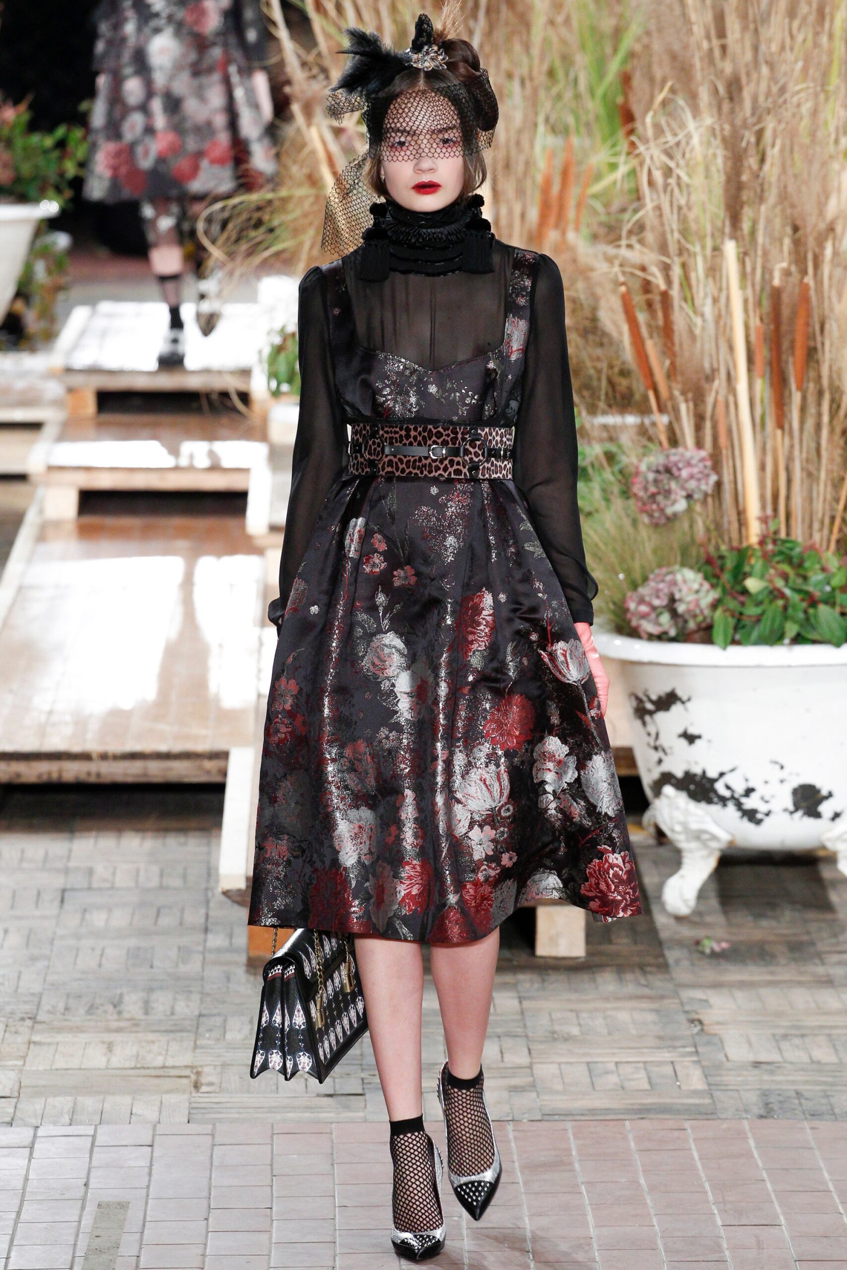 black silk long-sleeve collared fitted floral flared dress