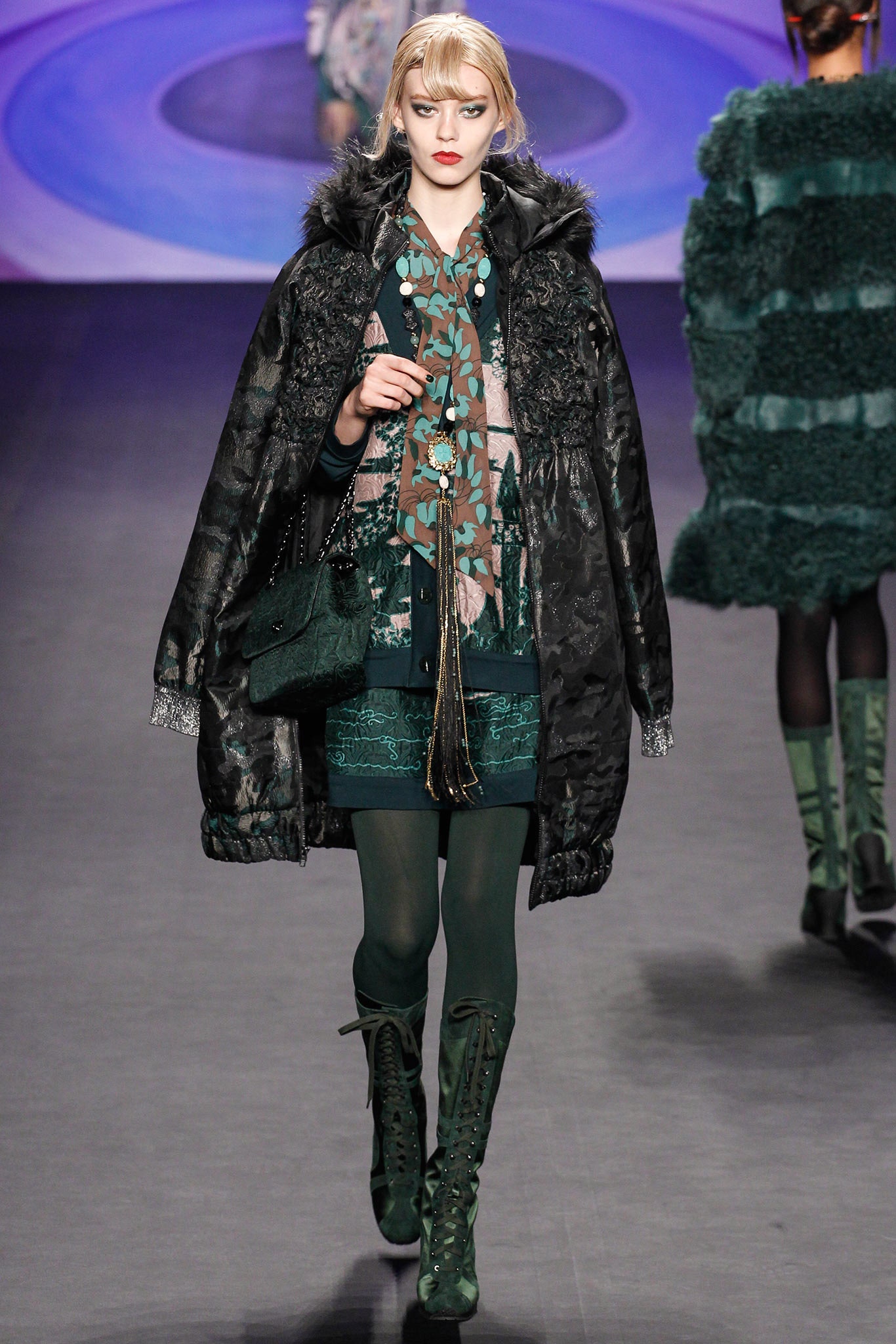 black fur coat with green dress