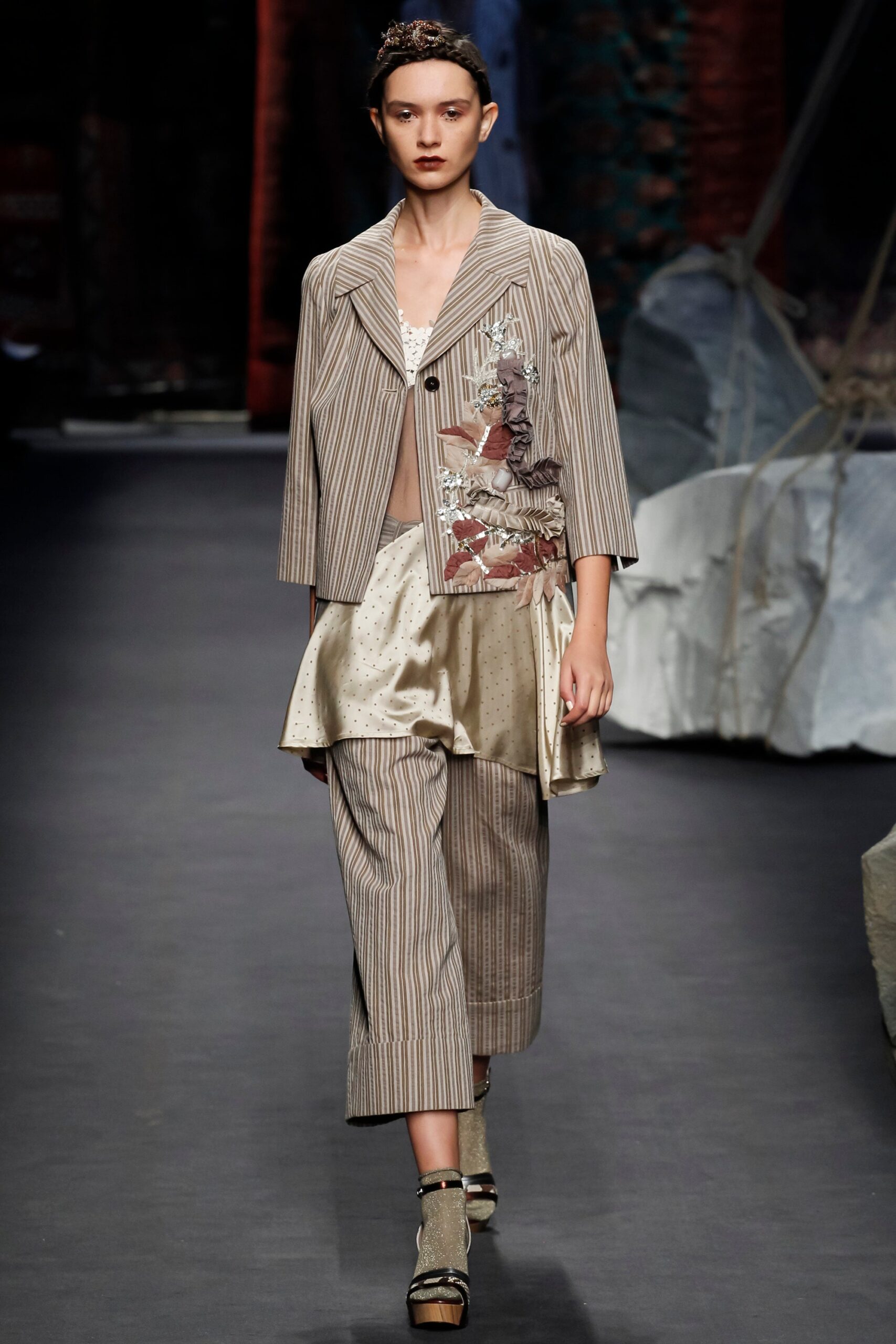 beige silk long-sleeve collared relaxed striped embroidered jacket