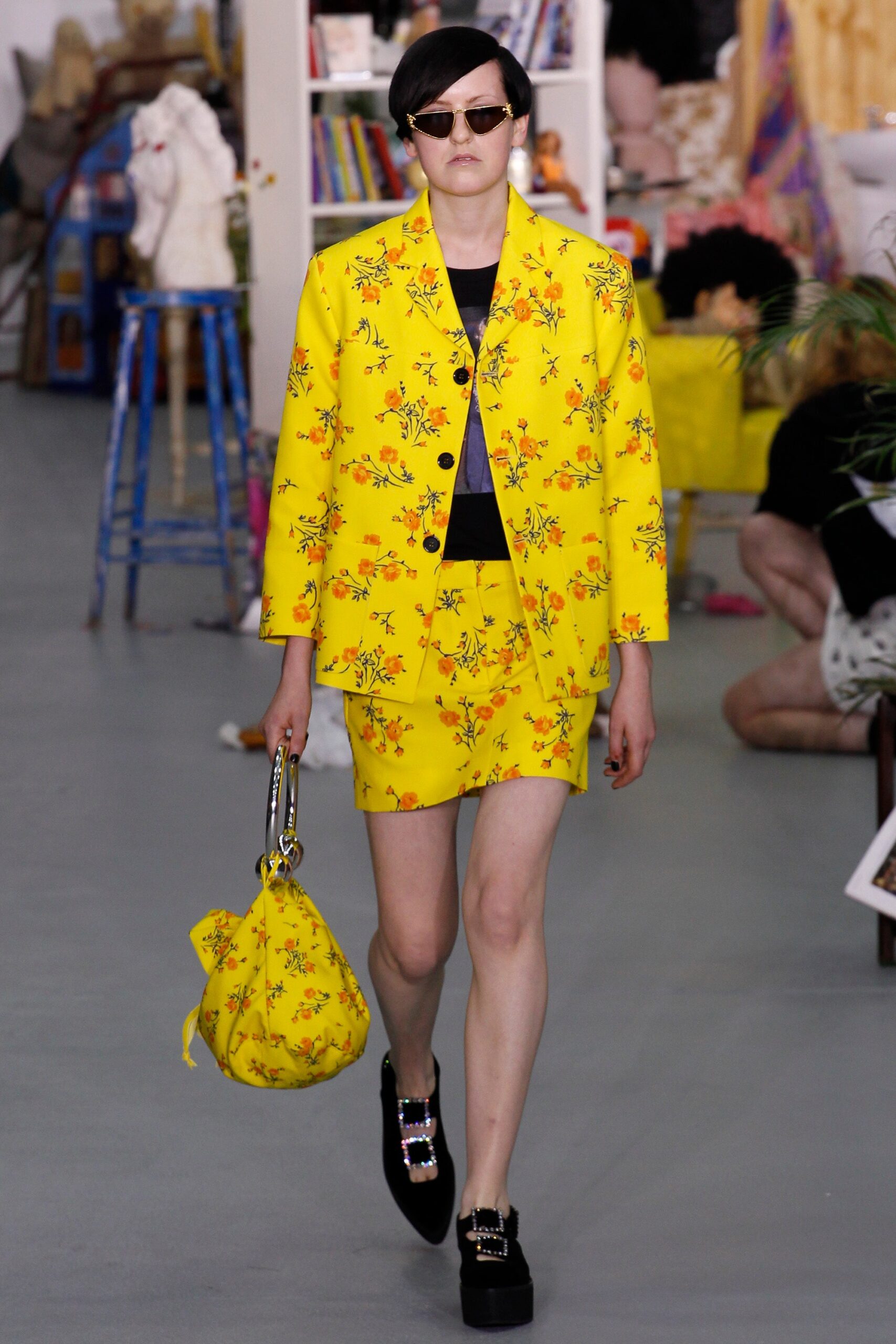 yellow floral blazer and mini skirt