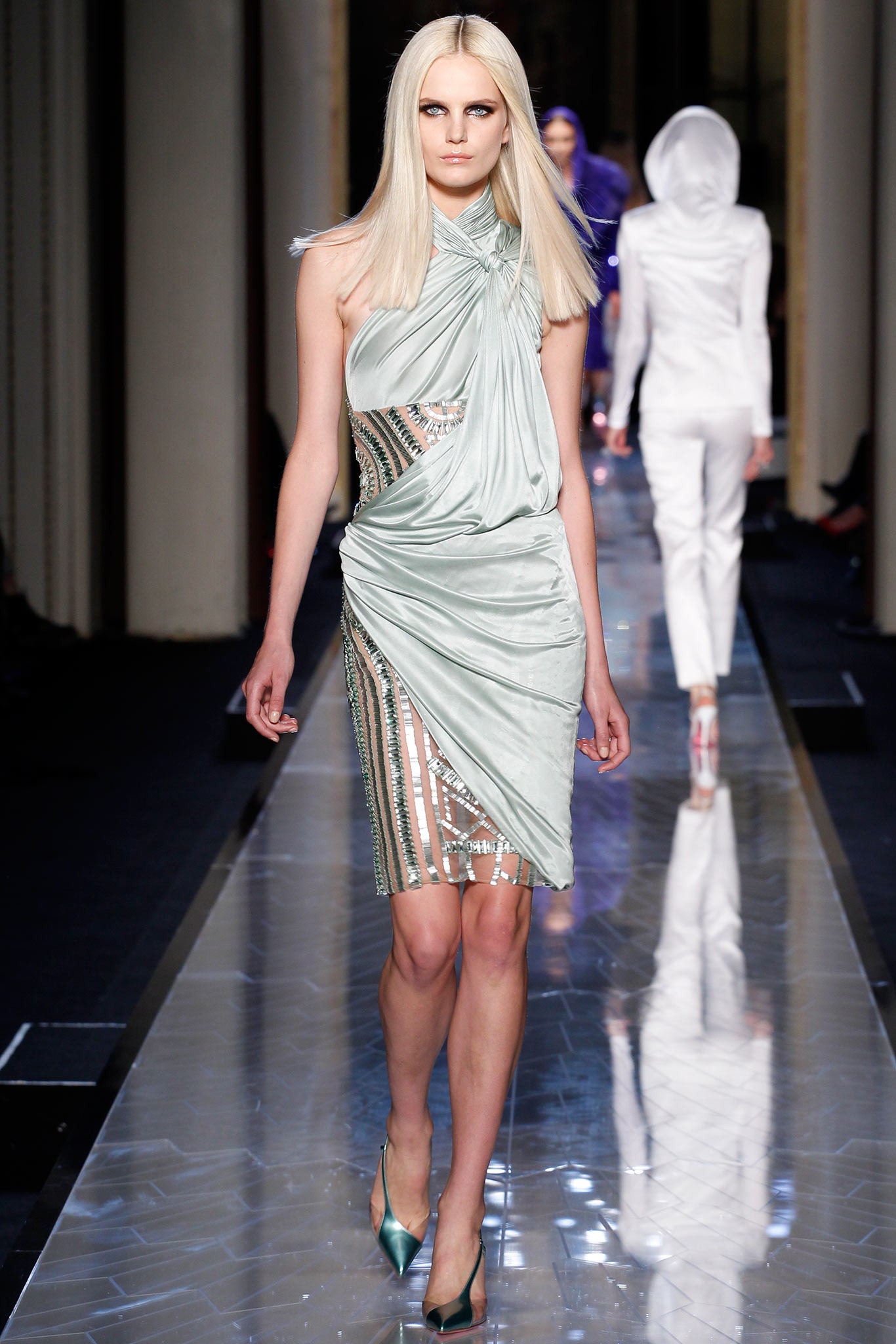 fitted green silk mini dress