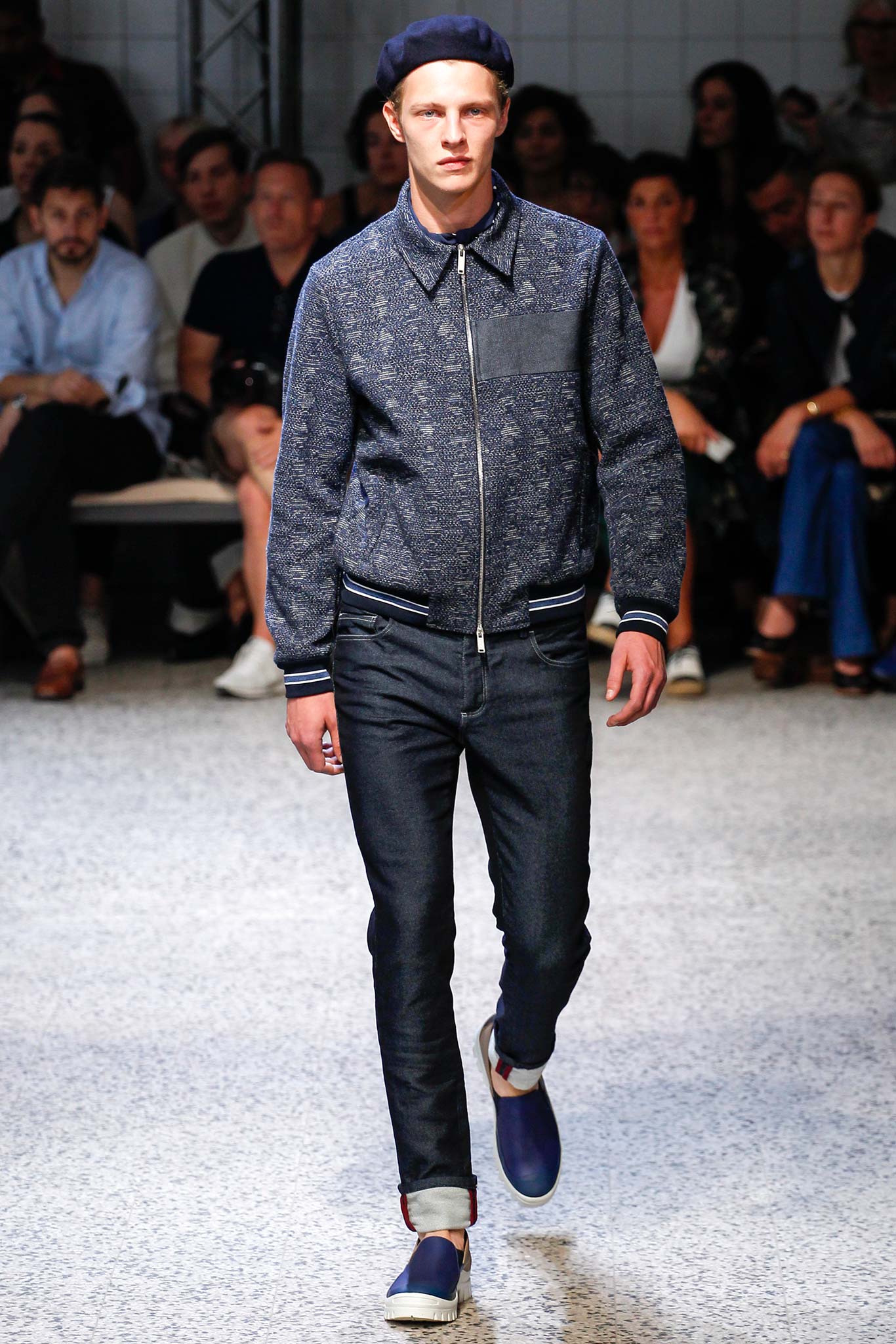 blue cotton long-sleeve collared fitted zippered jacket