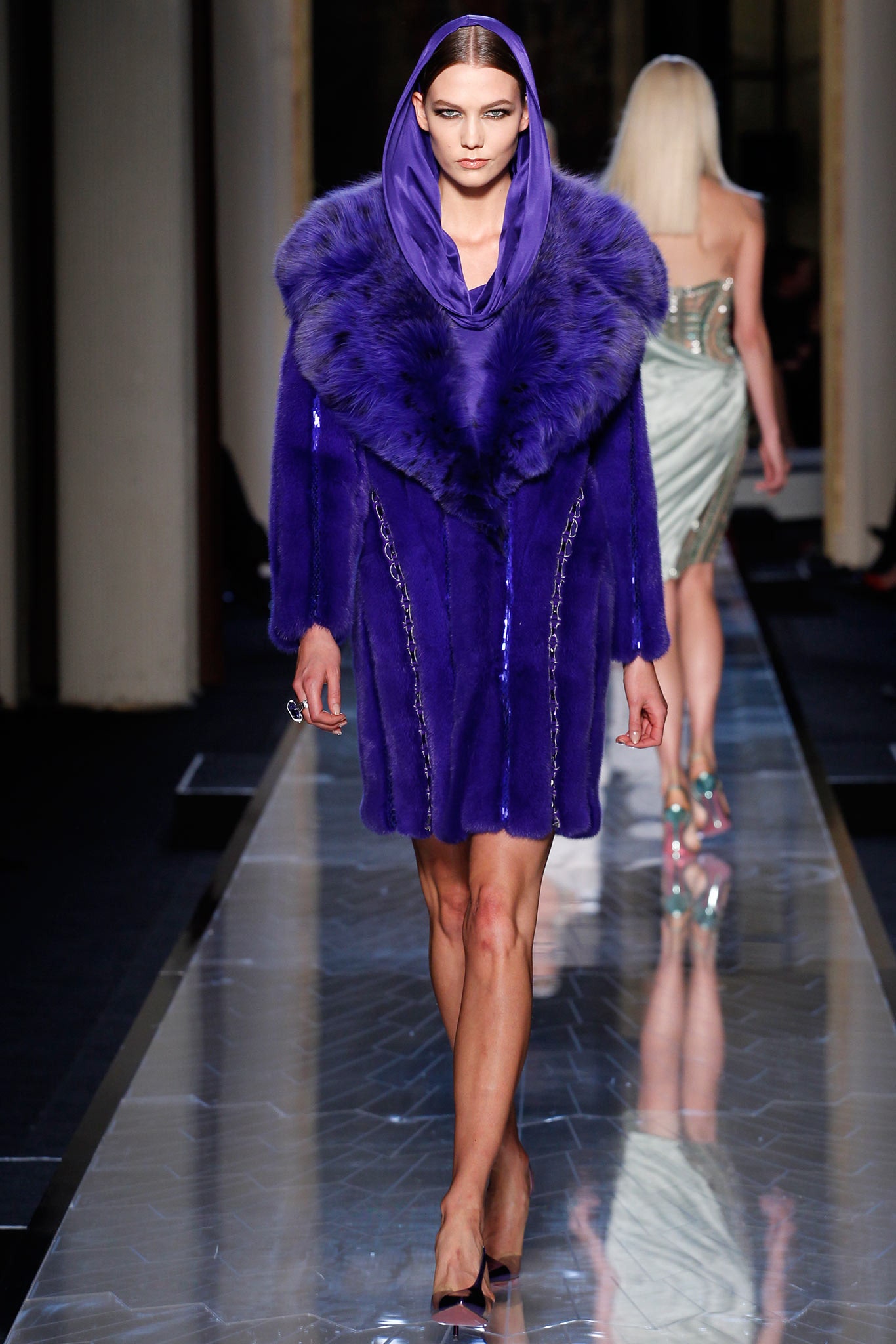 purple fur fitted coat
