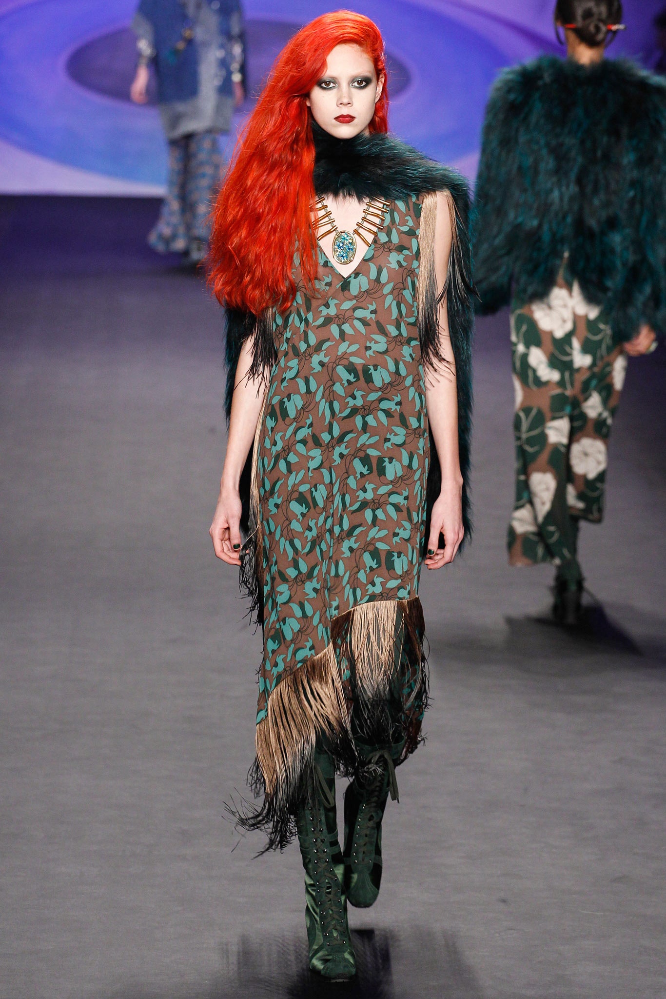 green brown fringed midi dress with cape