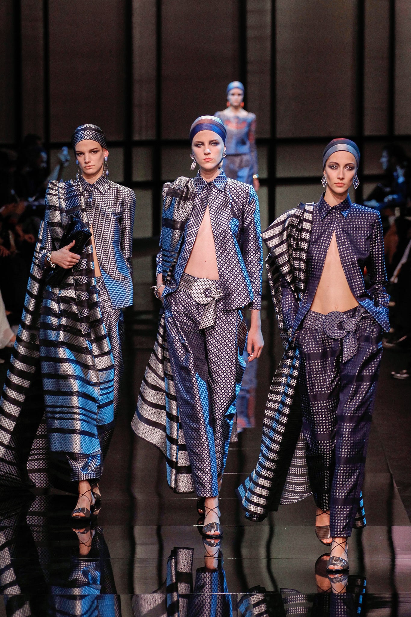 blue and black printed silk outfit