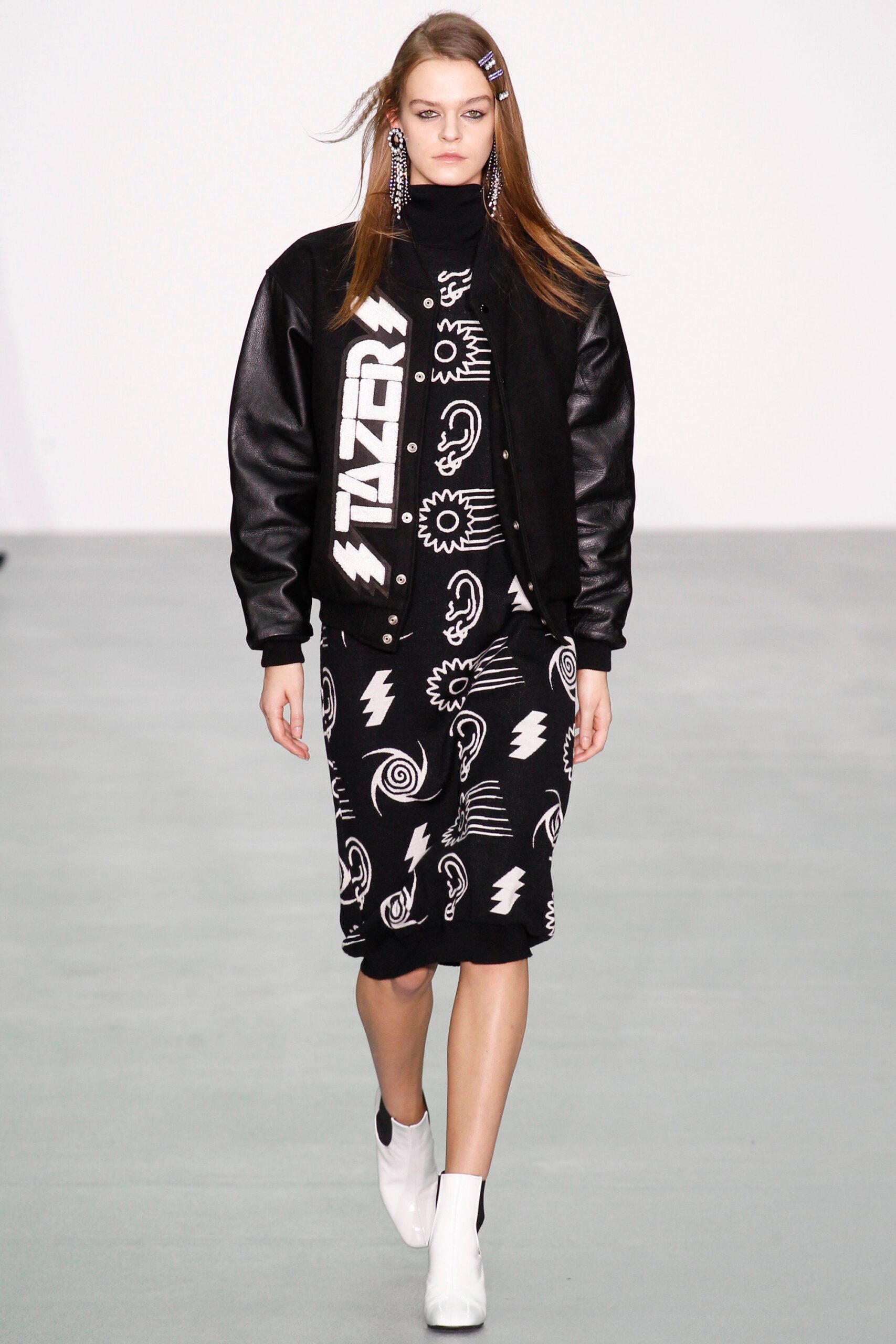 black and white printed dress with relaxed jacket