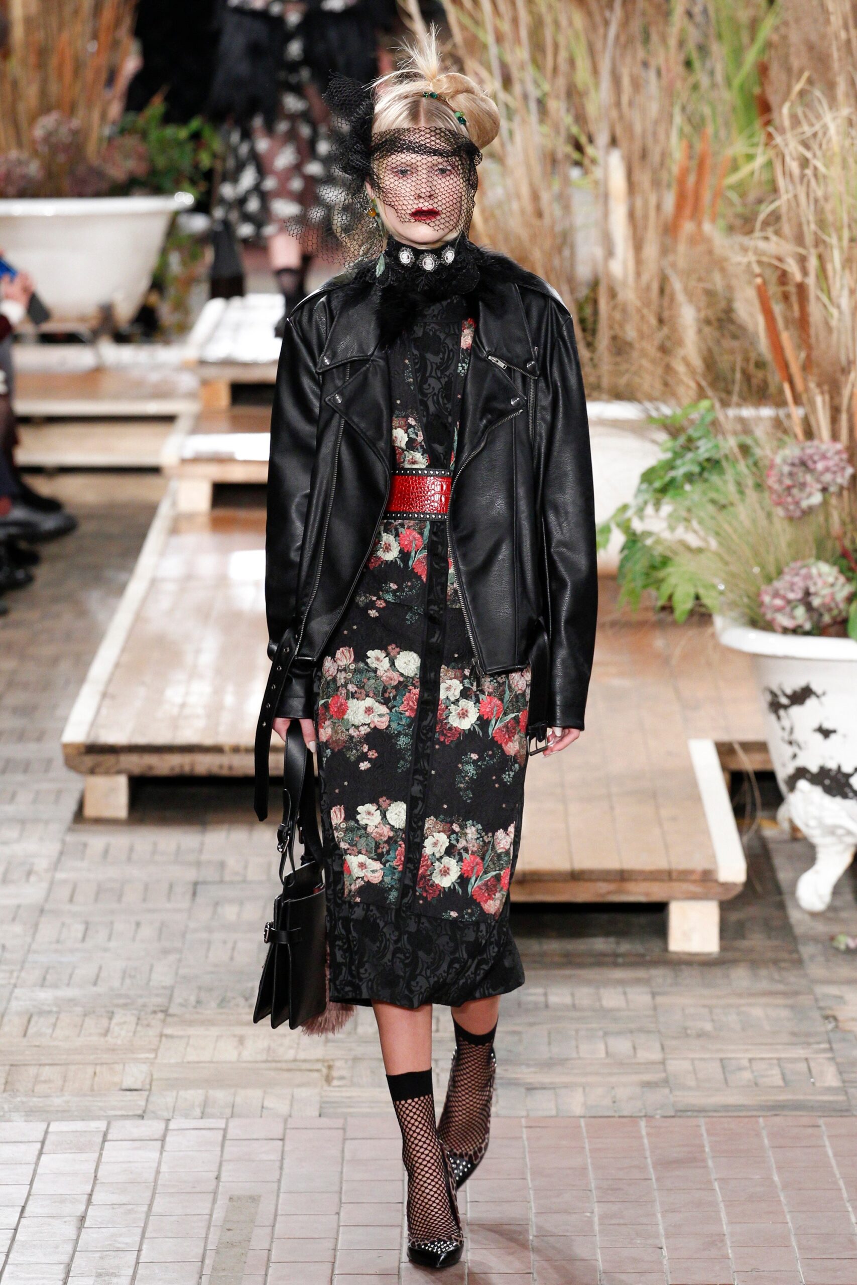 floral midi dress with leather jacket