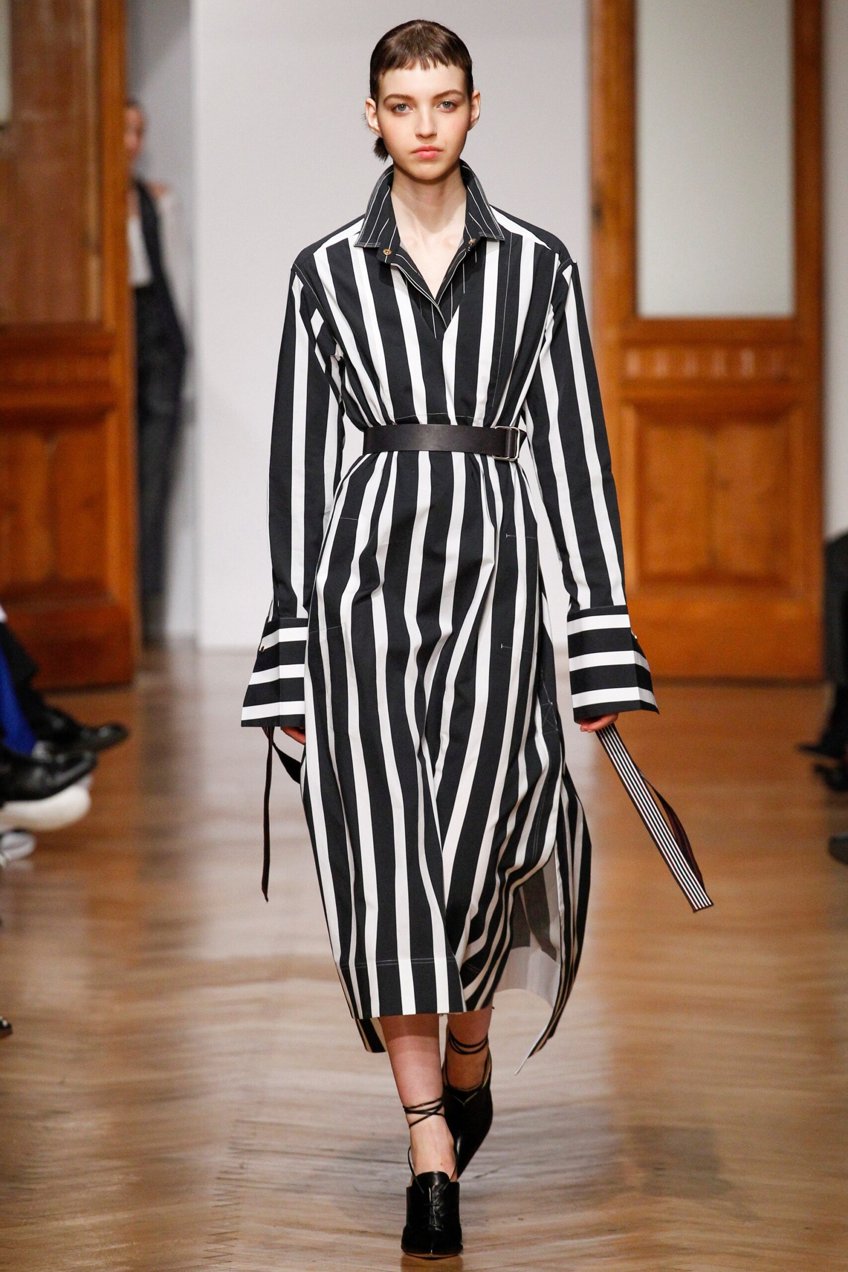 black and white striped shirt-dress