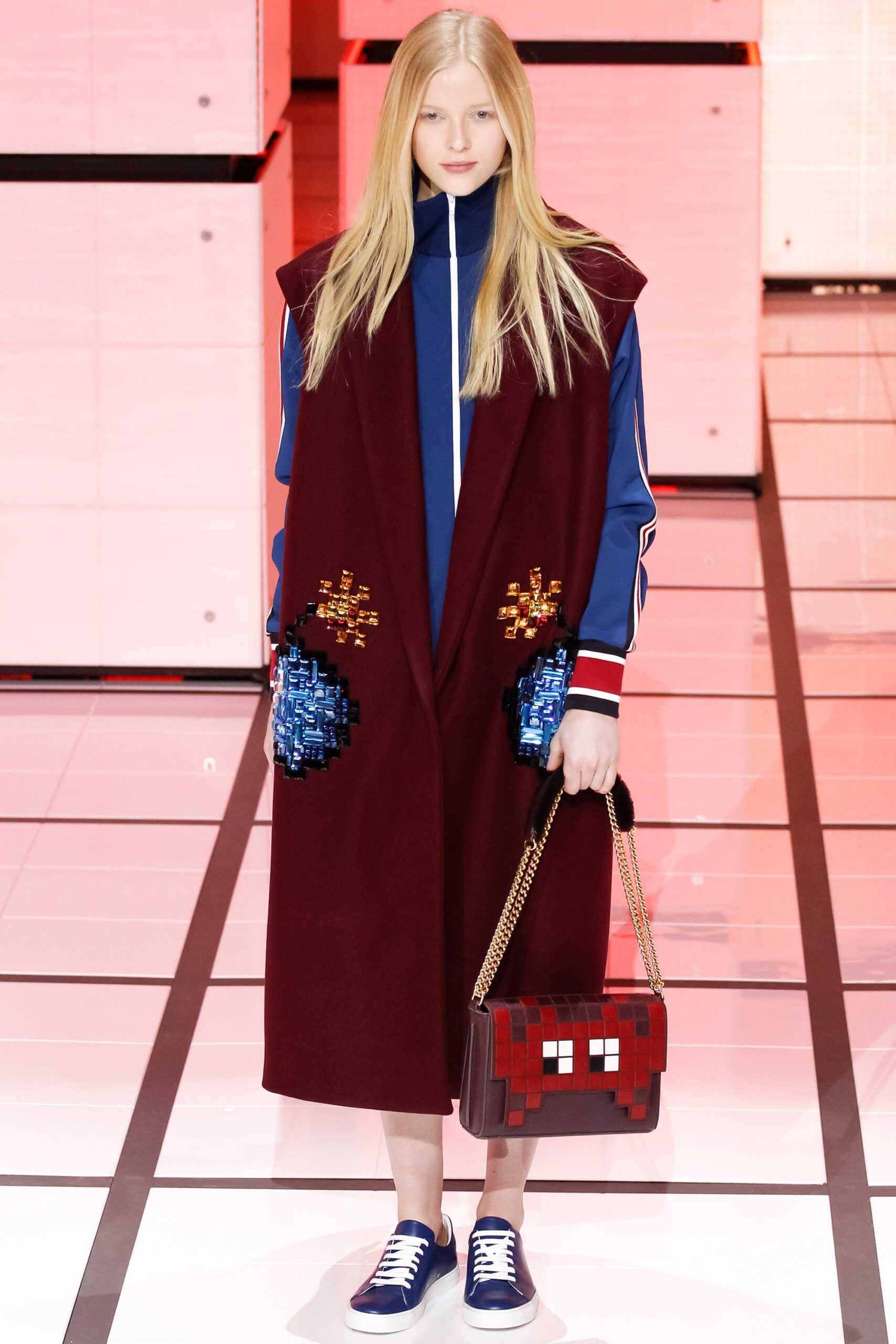 red wool long-sleeve collared relaxed embroidered midi coat