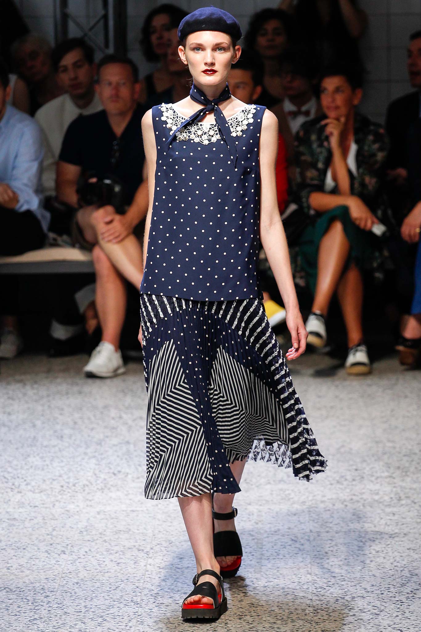 blue sleeveless collared fitted polka-dot layered top