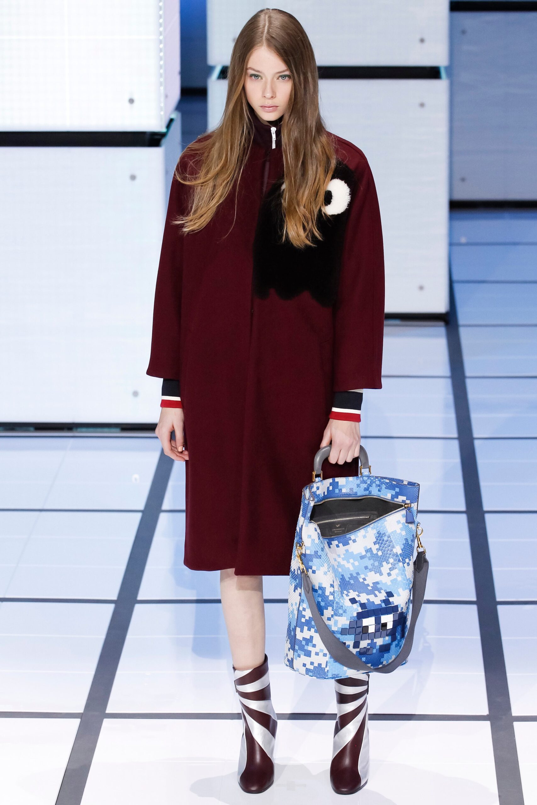 red wool long-sleeve collared relaxed layered midi coat