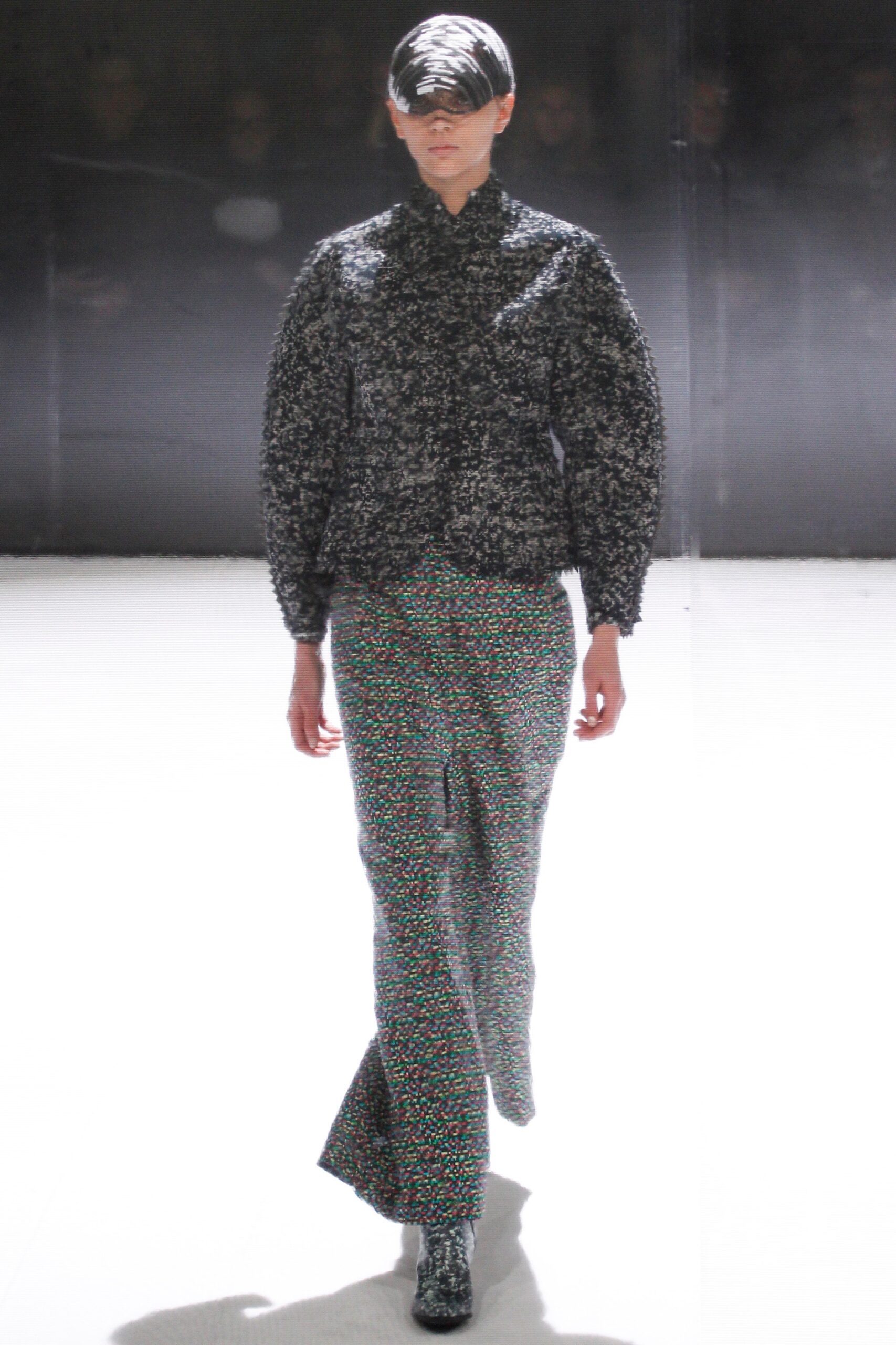 black and white textured jacket with multi skirt