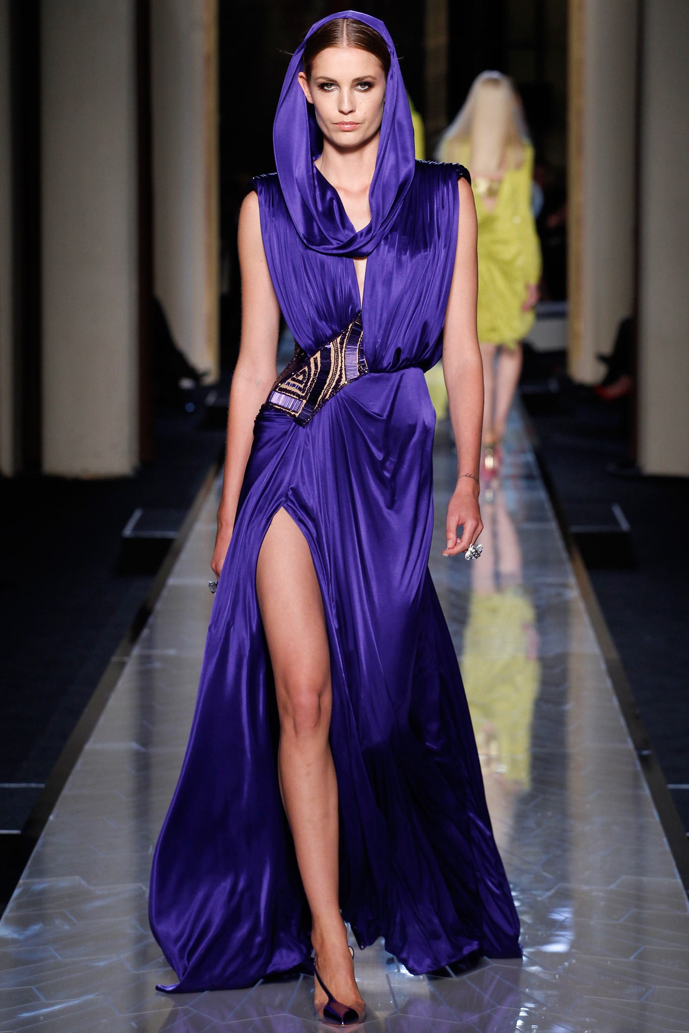 purple silk sleeveless gown