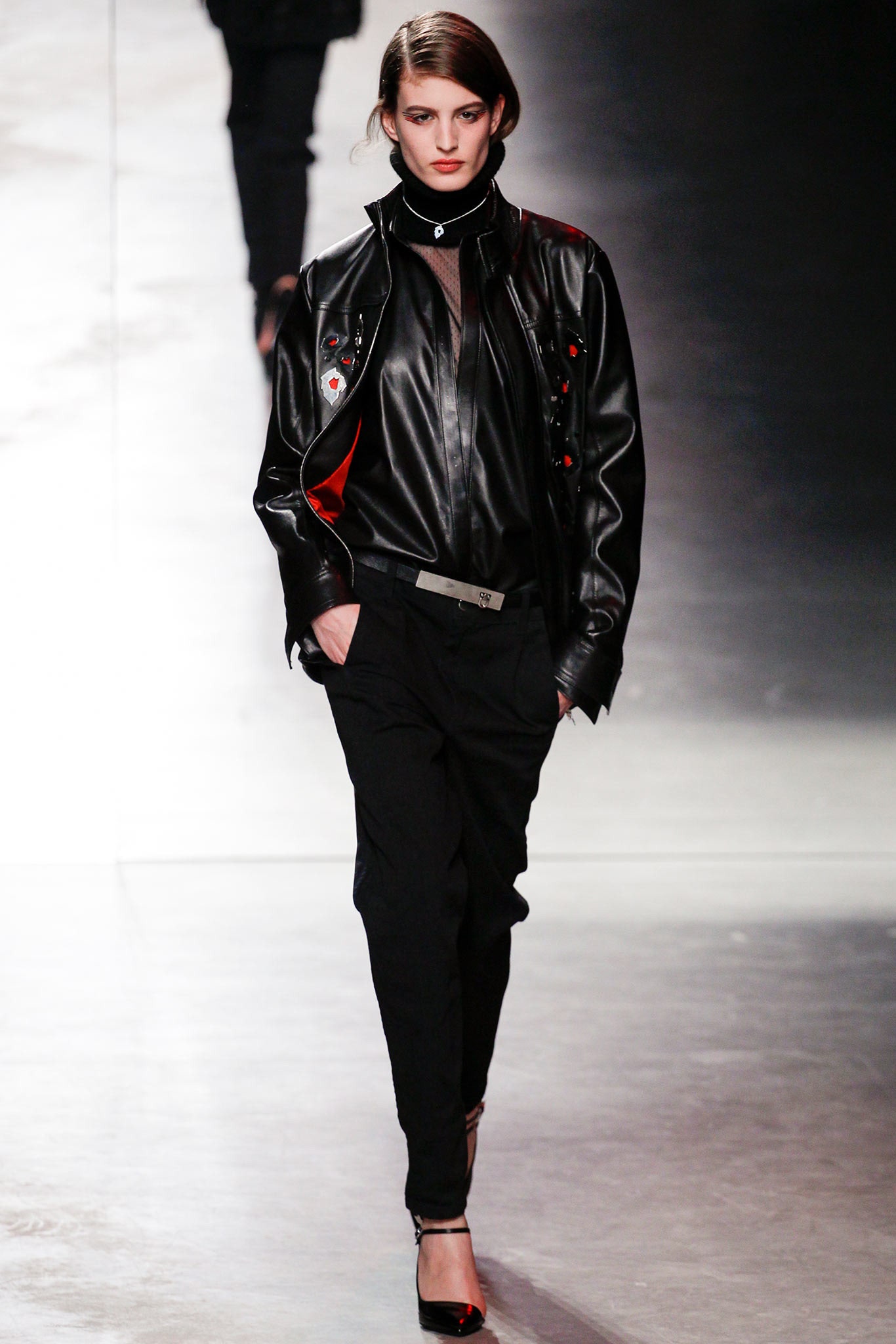 black leather fitted jacket and pants