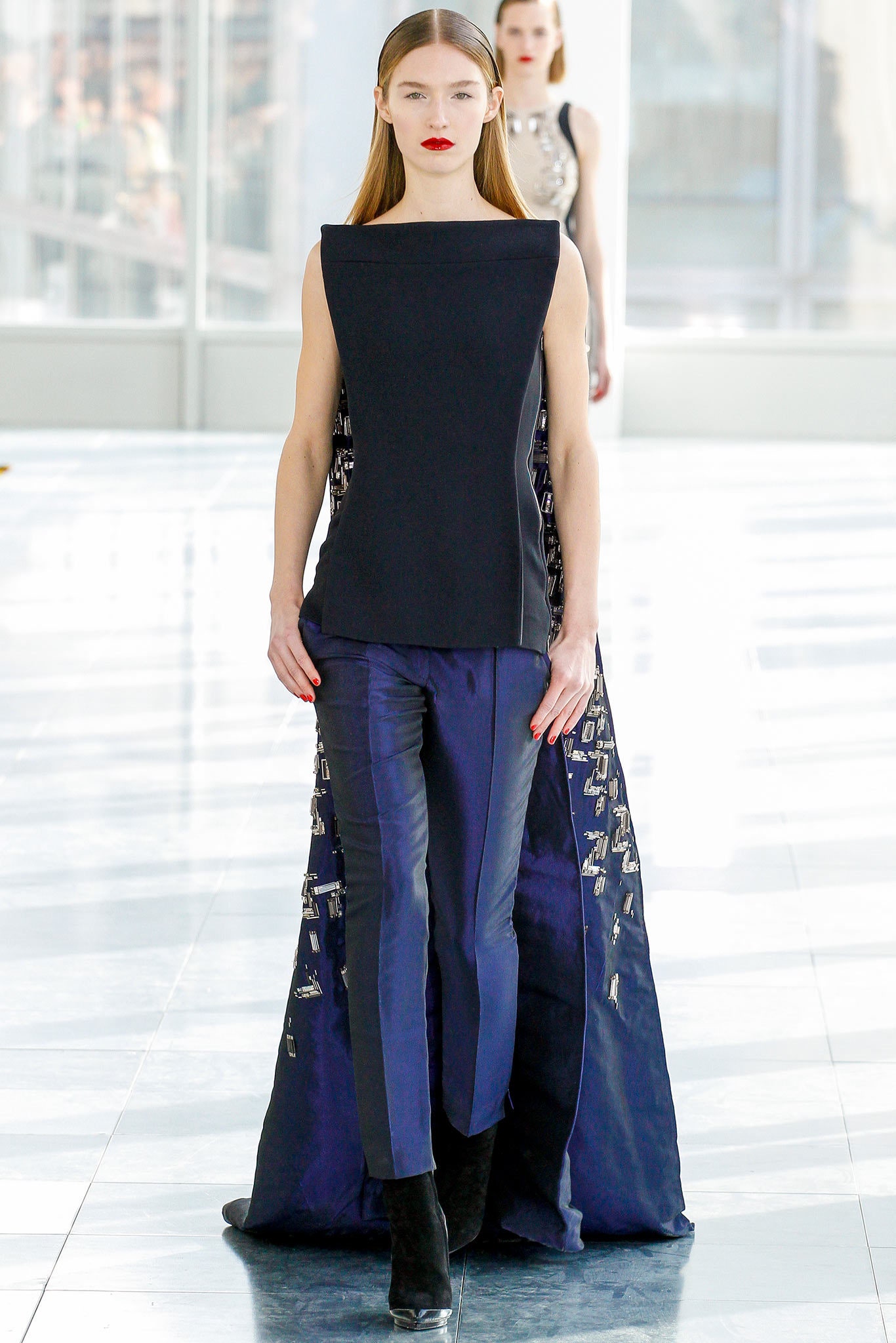 blue silk long-sleeve tailored straight-leg pants