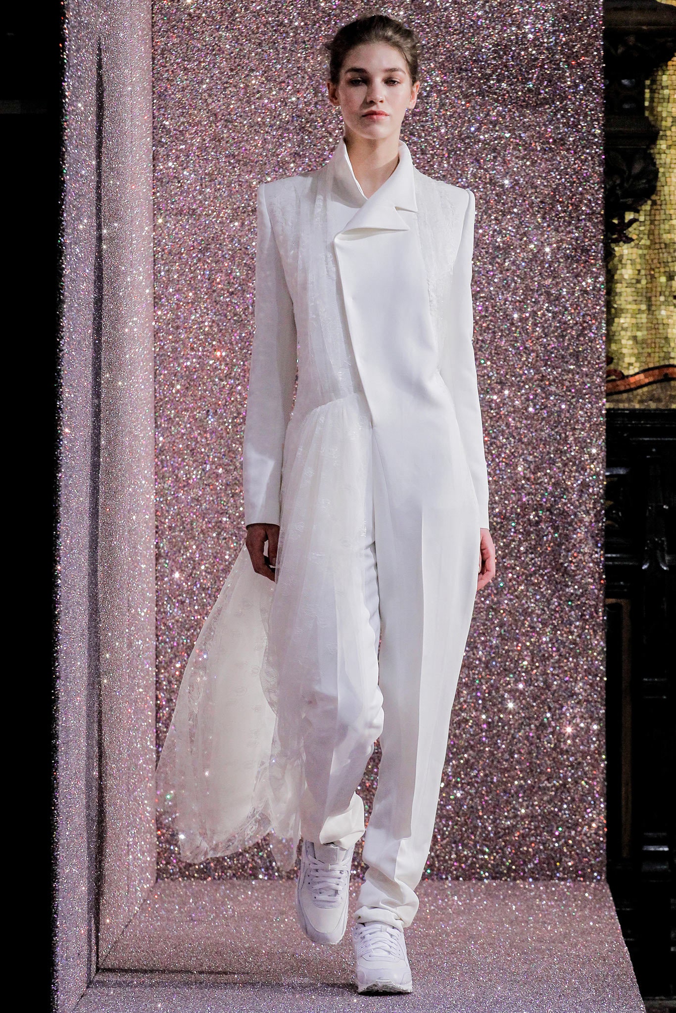 white silk fitted jacket and pants