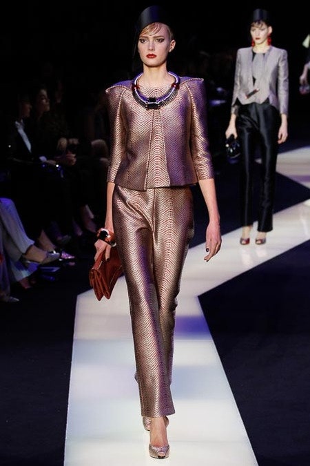 gold metallic long-sleeve collared tailored zippered shiny suit