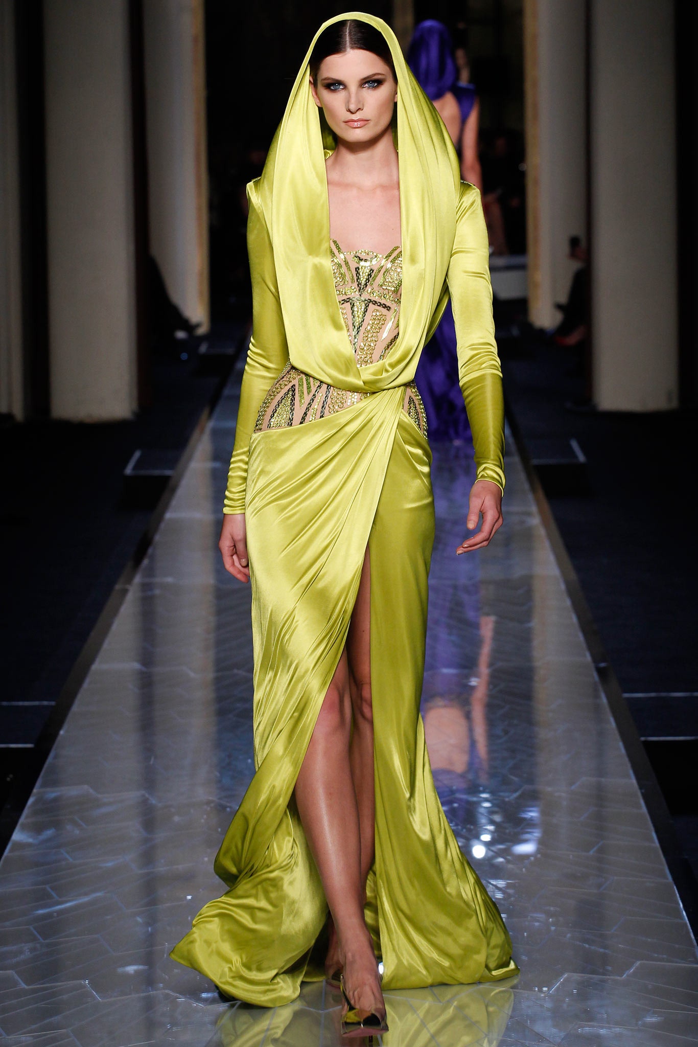 fitted yellow silk gown