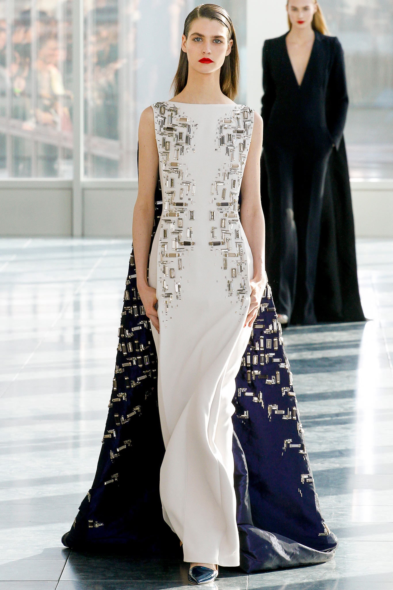 white silk embellished gown