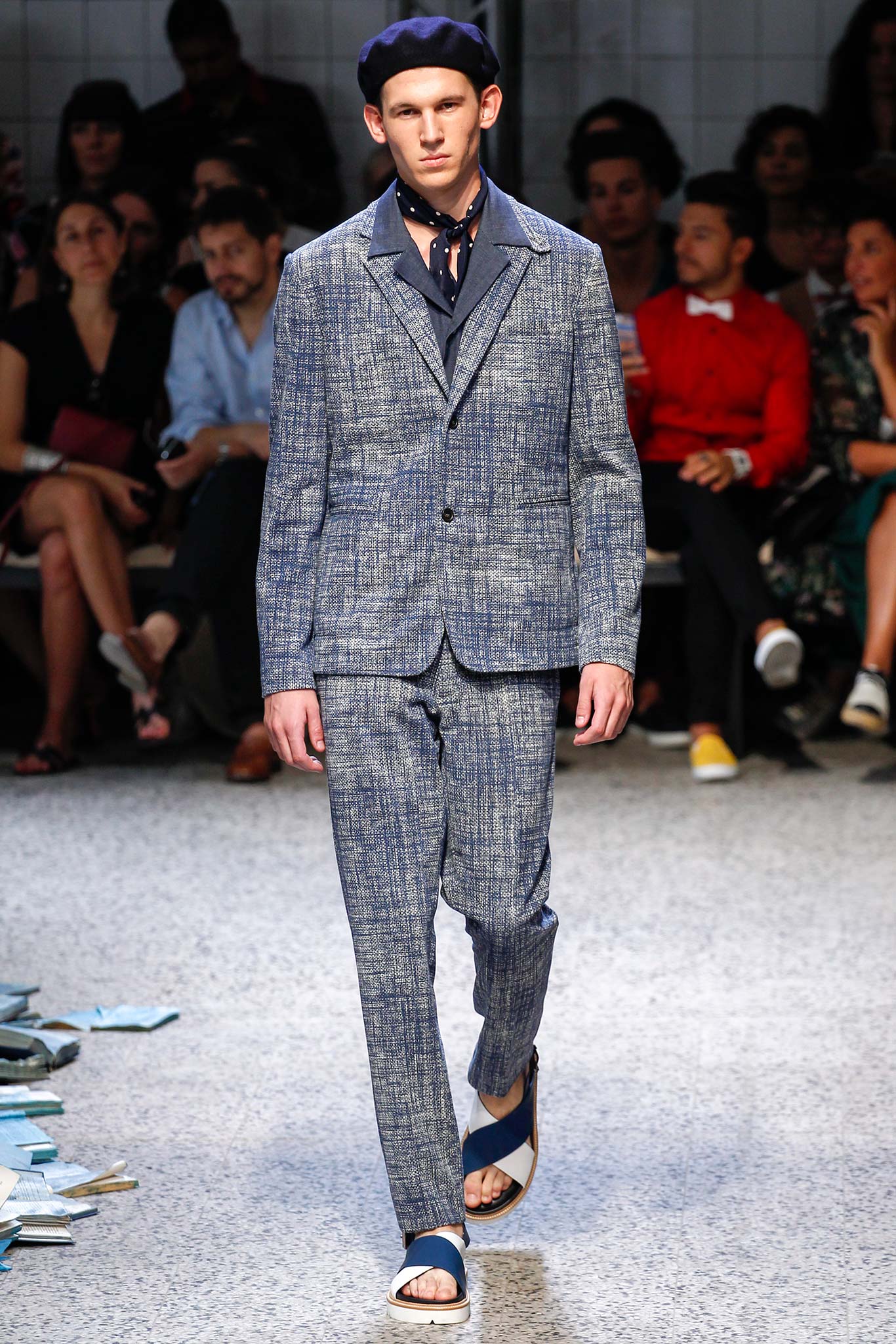 blue cotton long-sleeve collared tailored buttoned straight-leg suit