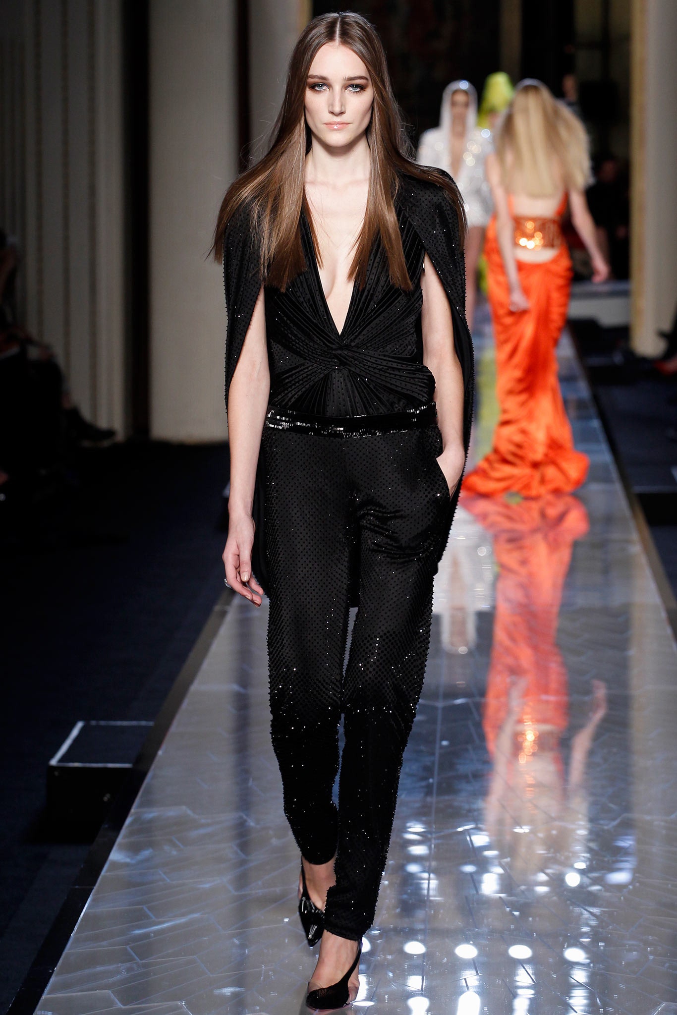 black silk fitted jumpsuit with cape