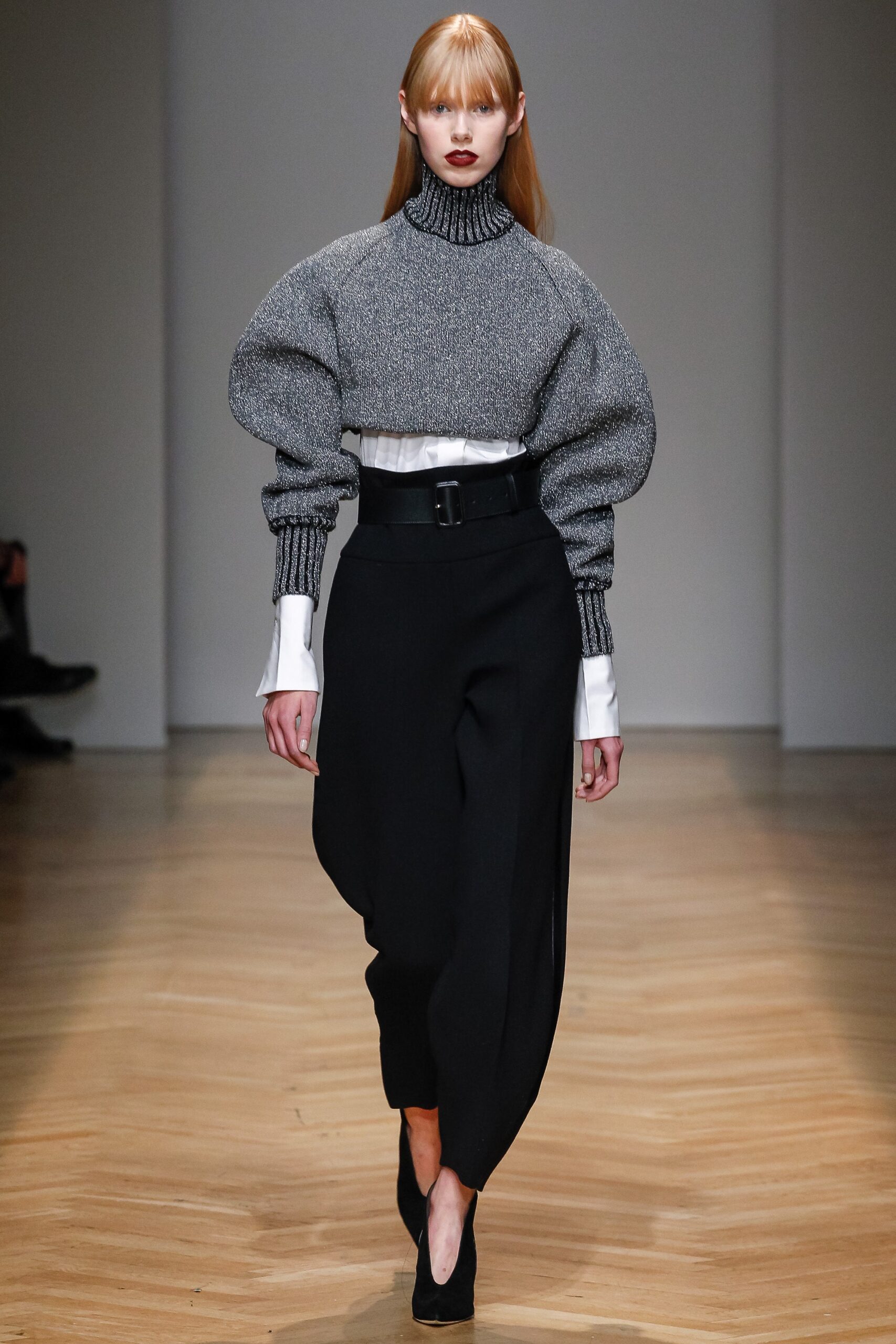 gray wool long-sleeve turtleneck fitted padded sweater