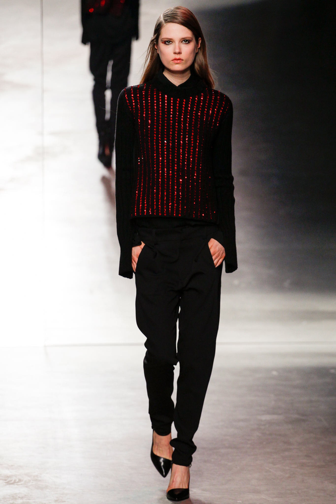 black fitted top with red beads