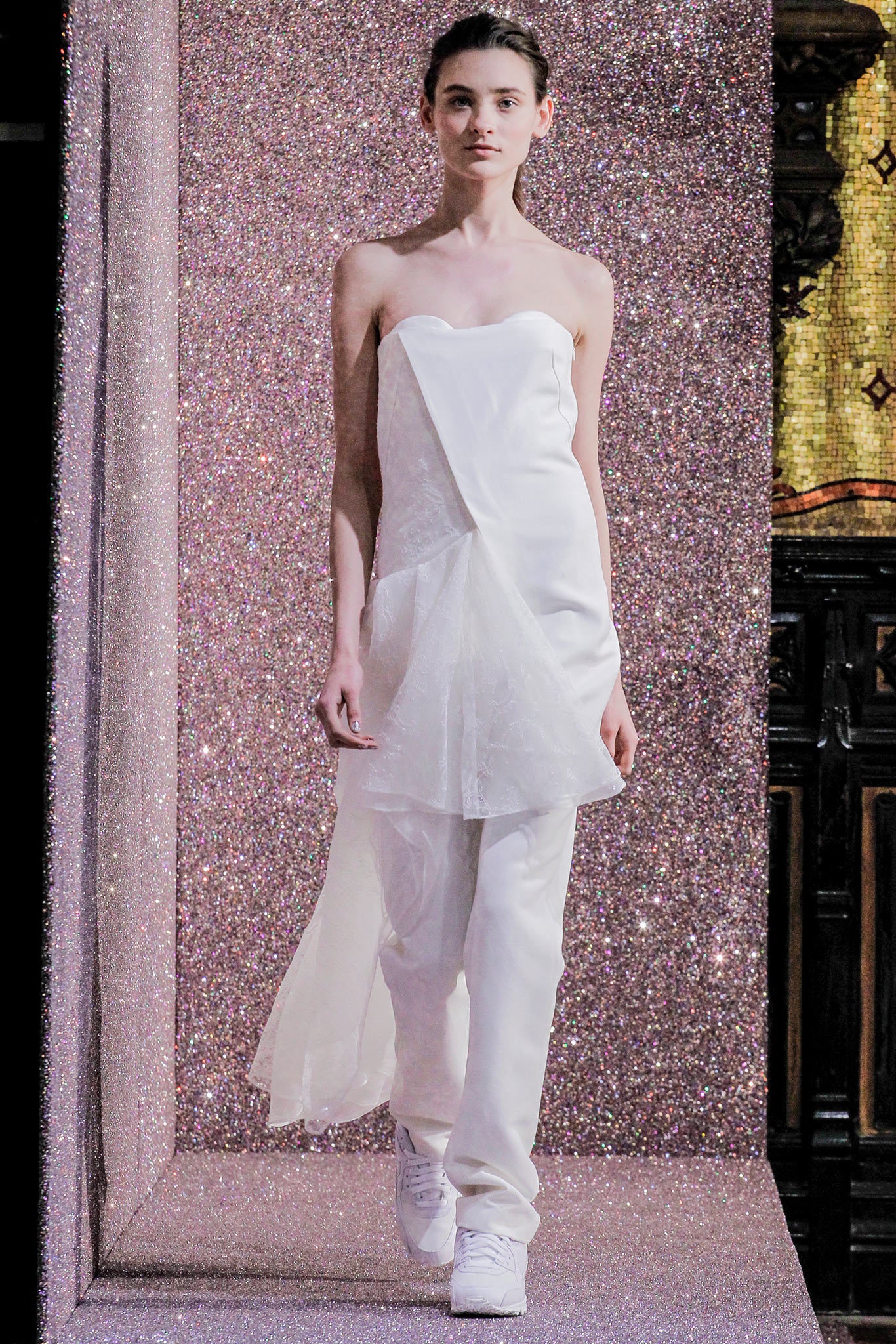 white asymmetric dress with pants