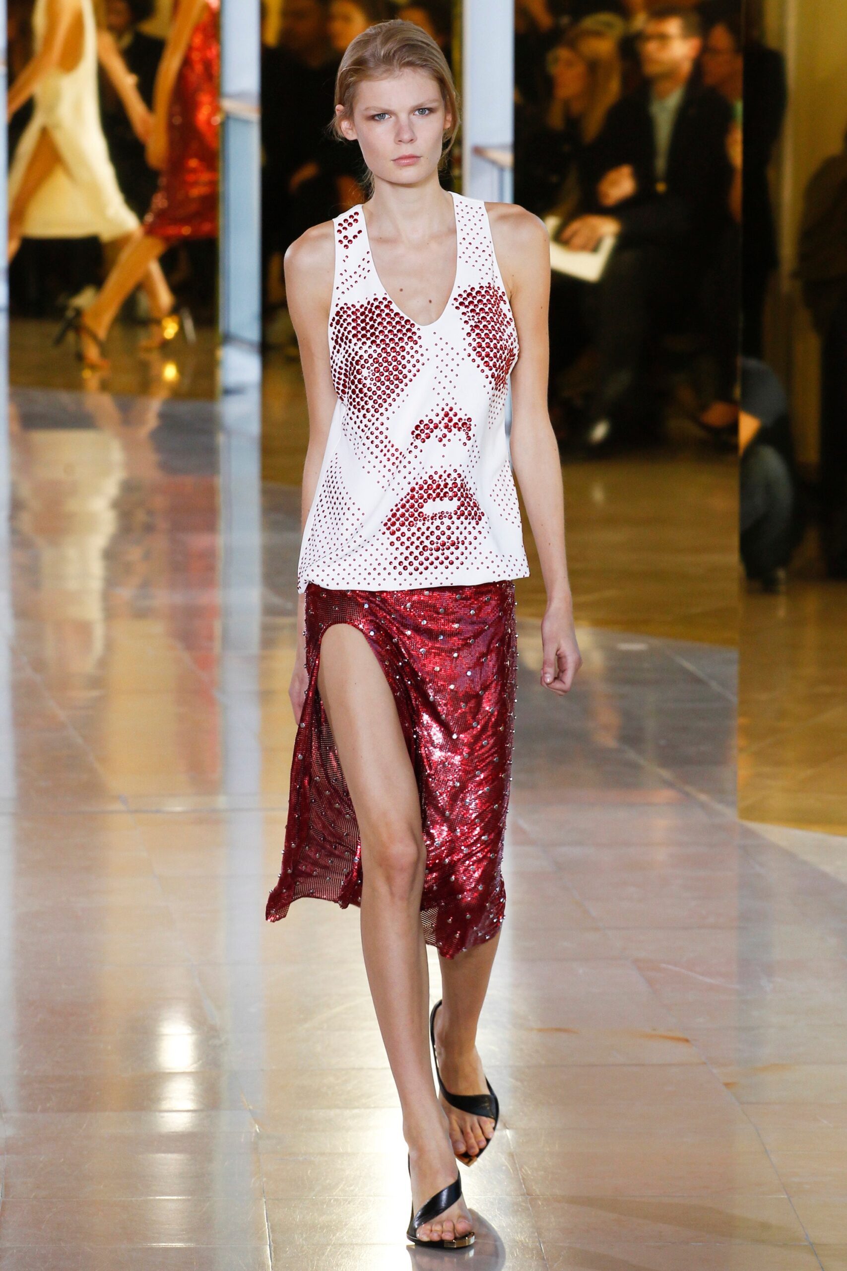 fitted white top with red sequined skirt