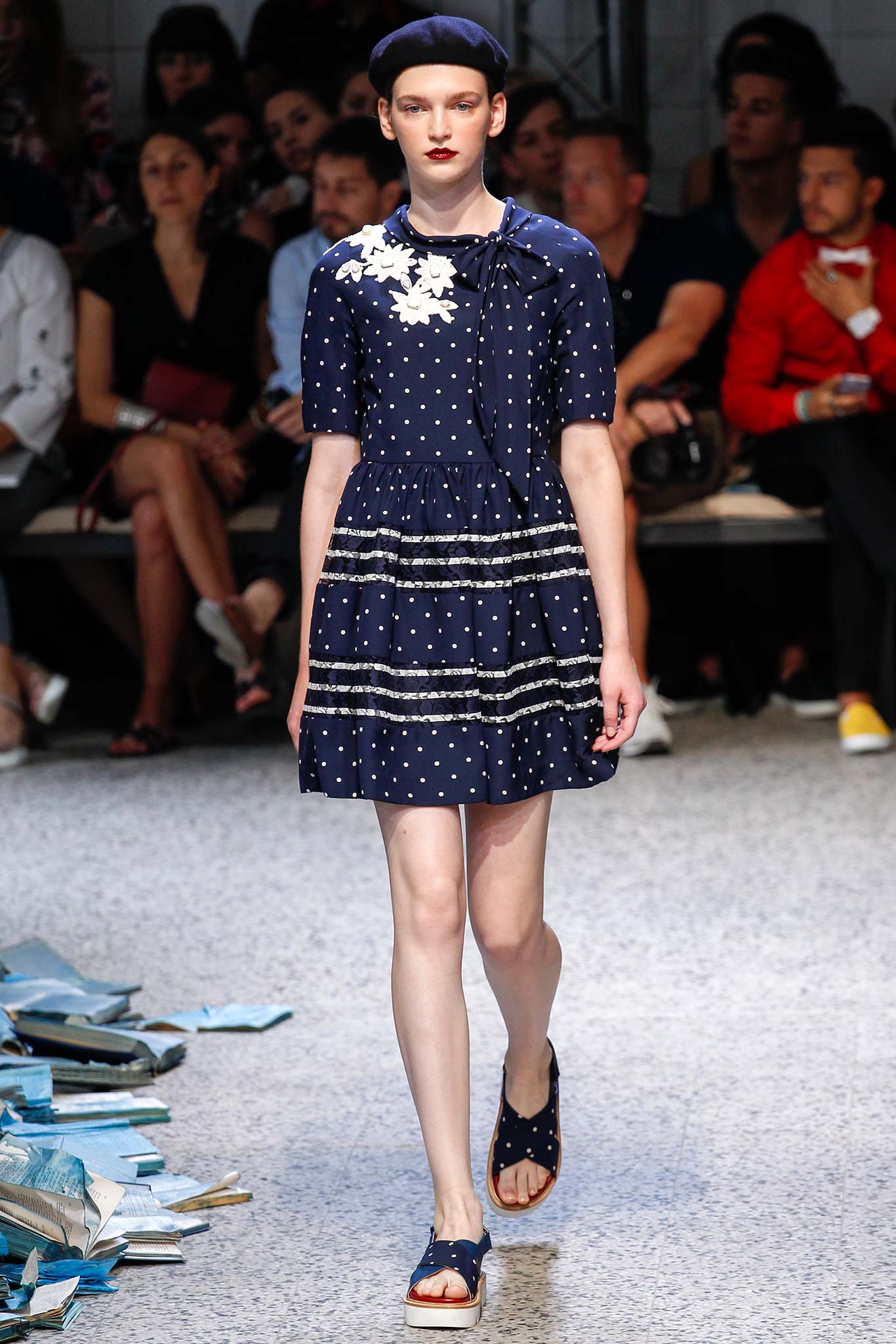 blue cotton short-sleeve collared fitted tiered polka-dot dress