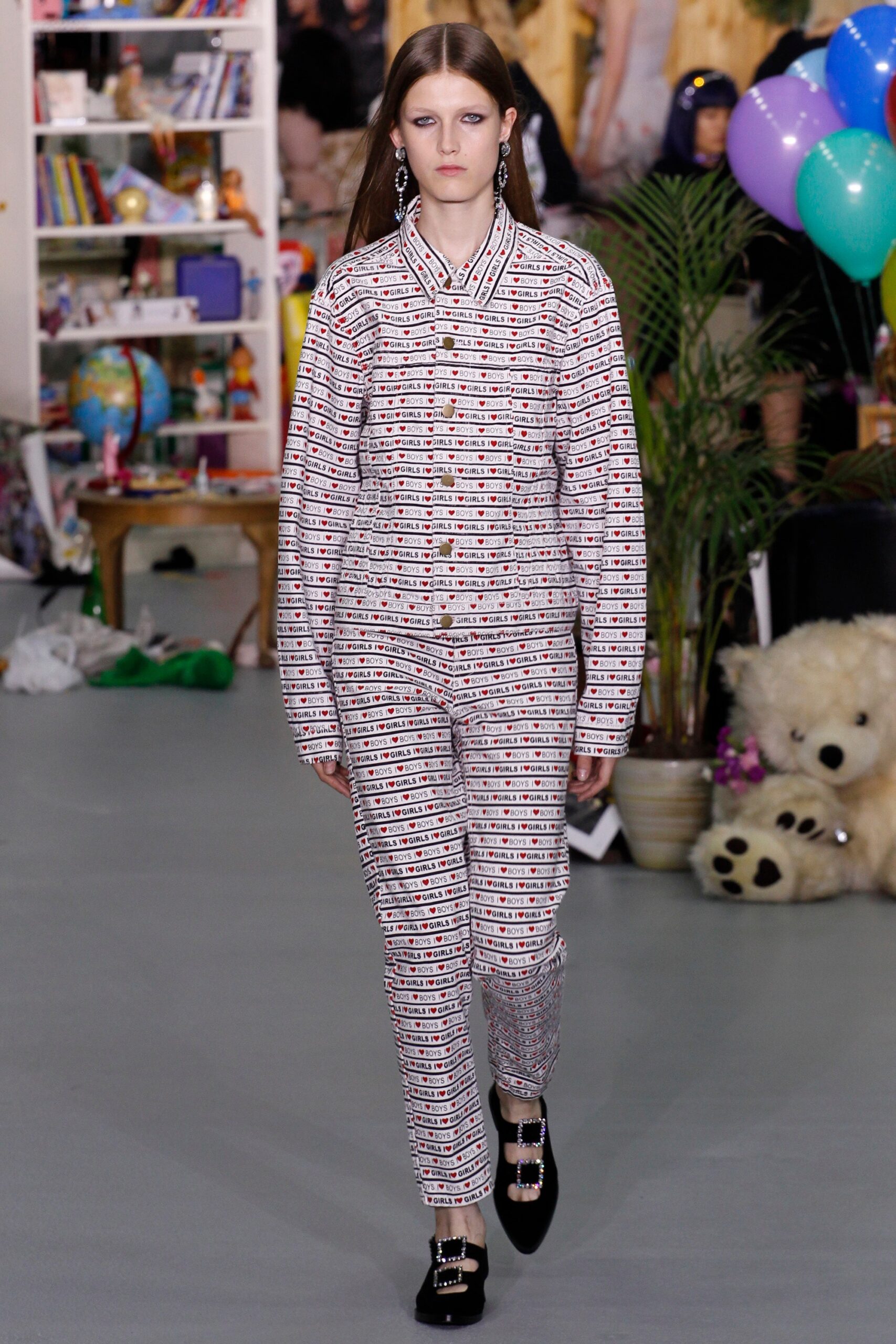 printed cotton suit with embellished shoes