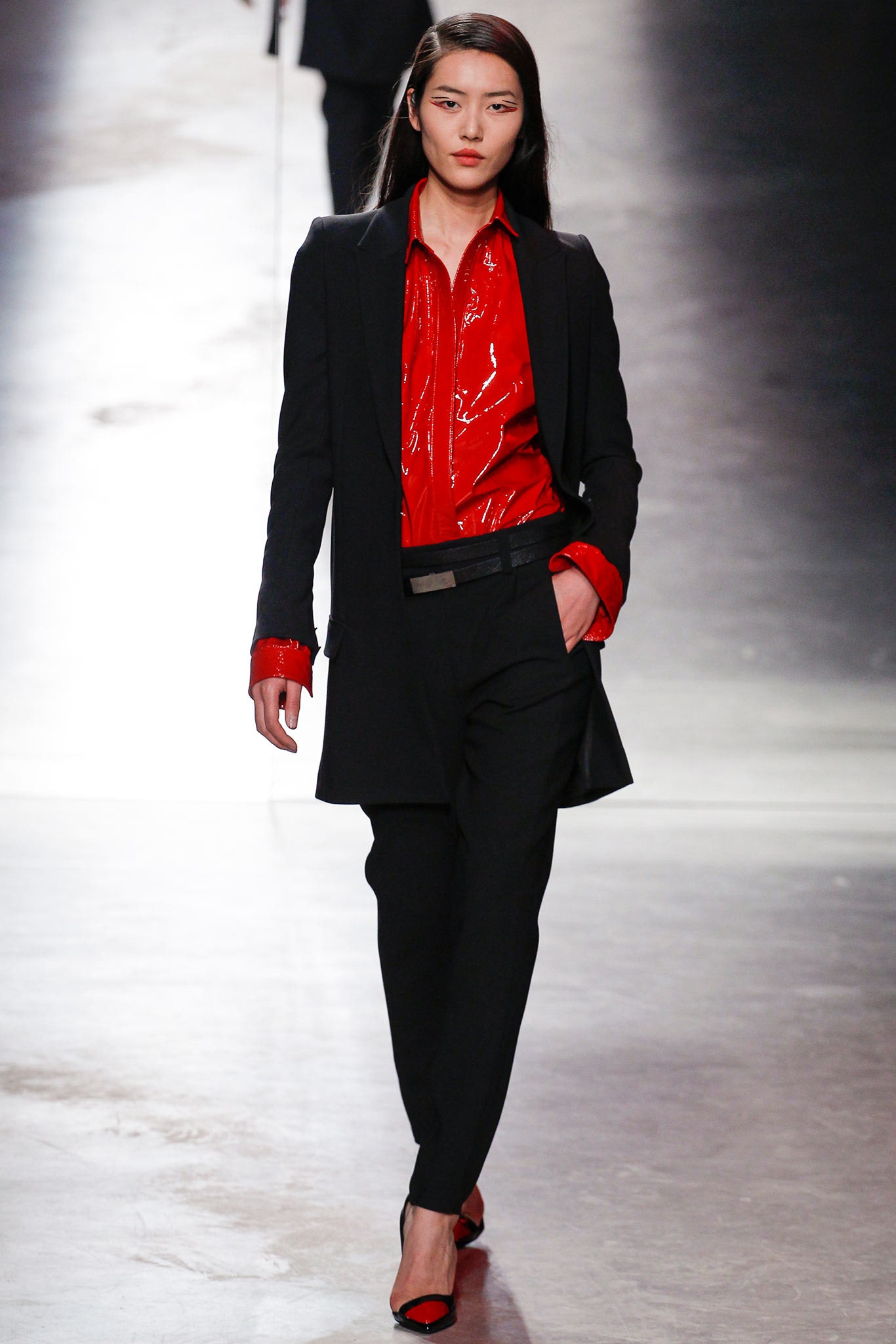 black blazer red vinyl shirt