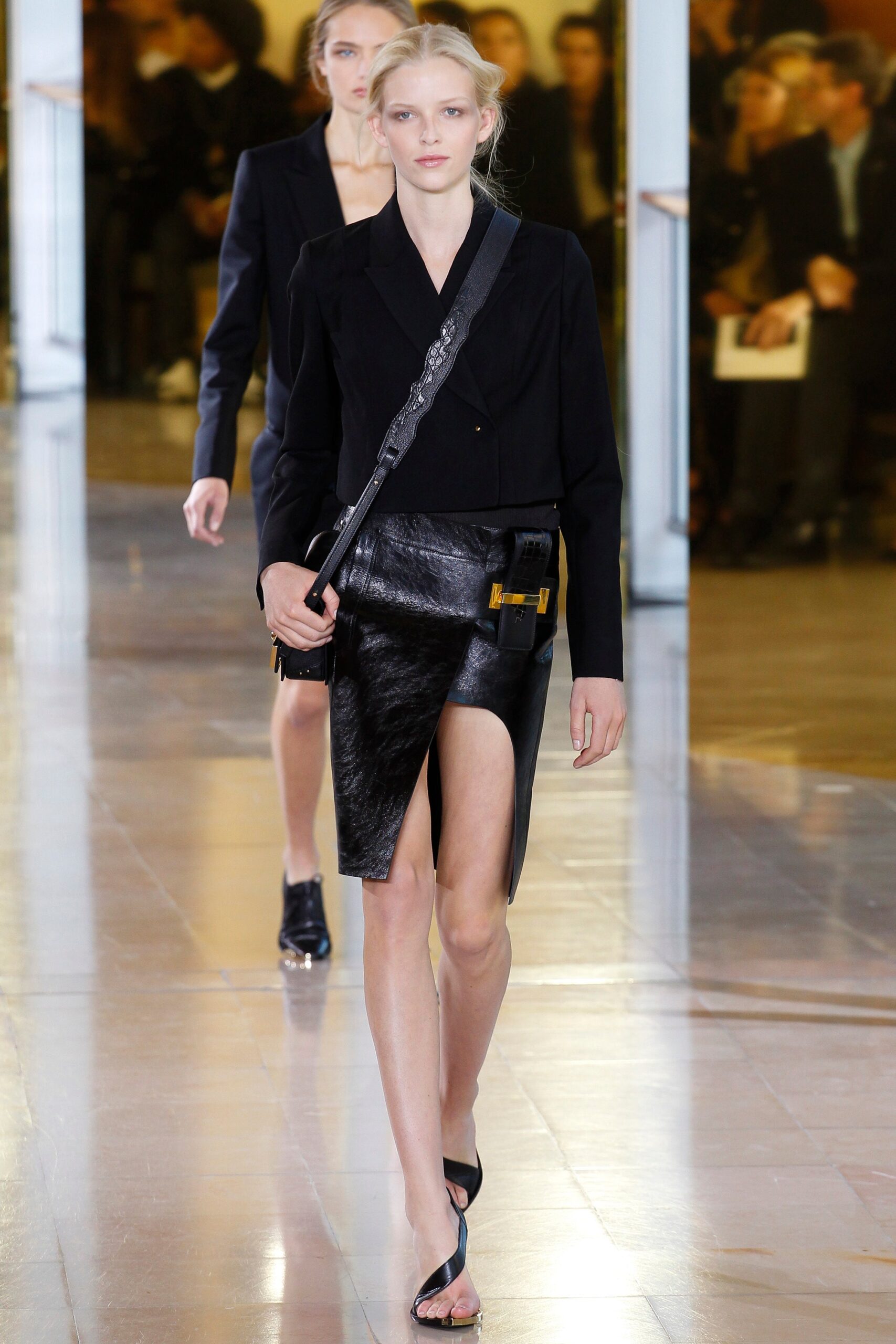 black tailored blazer with leather skirt