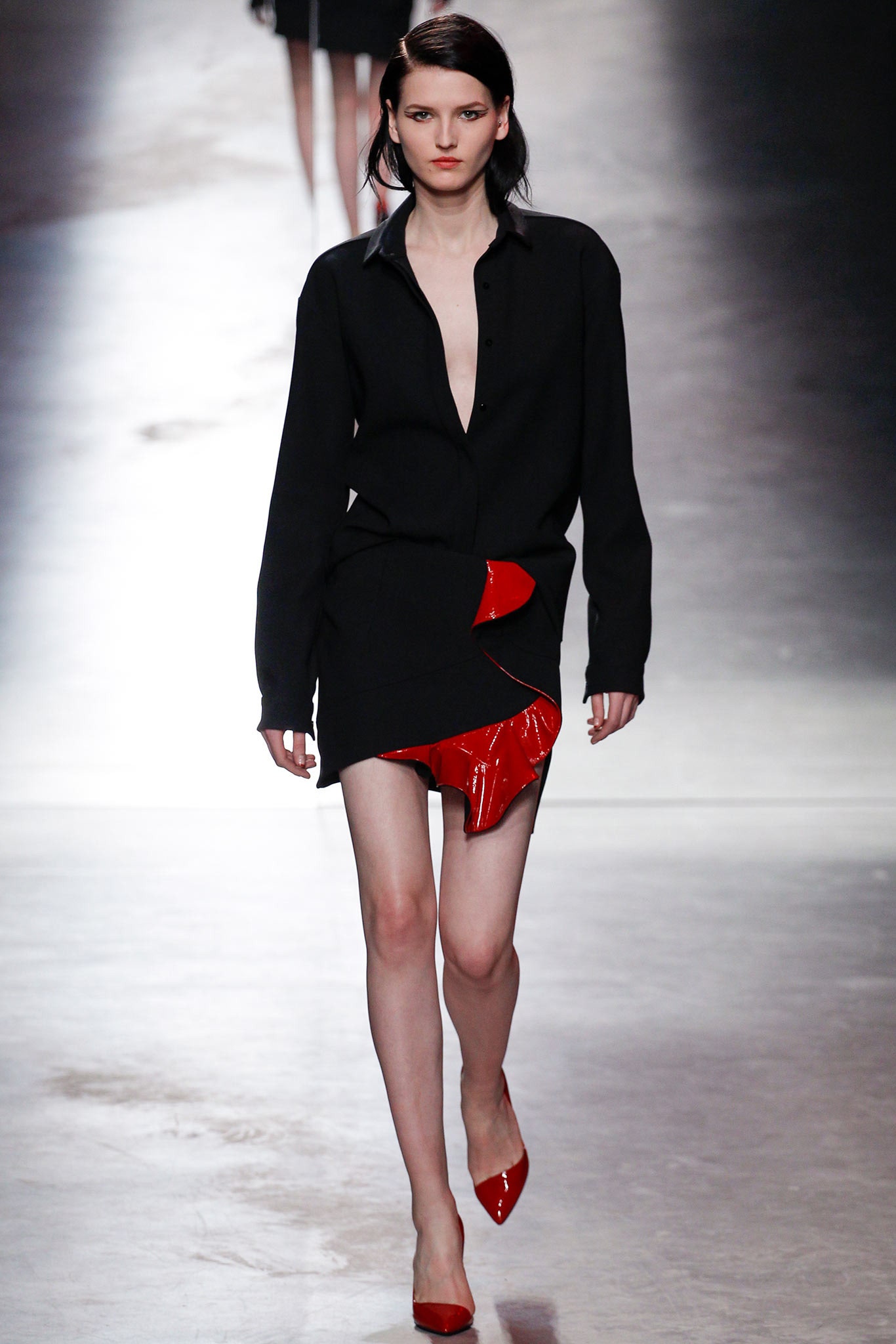 black silk shirt-dress with red vinyl skirt