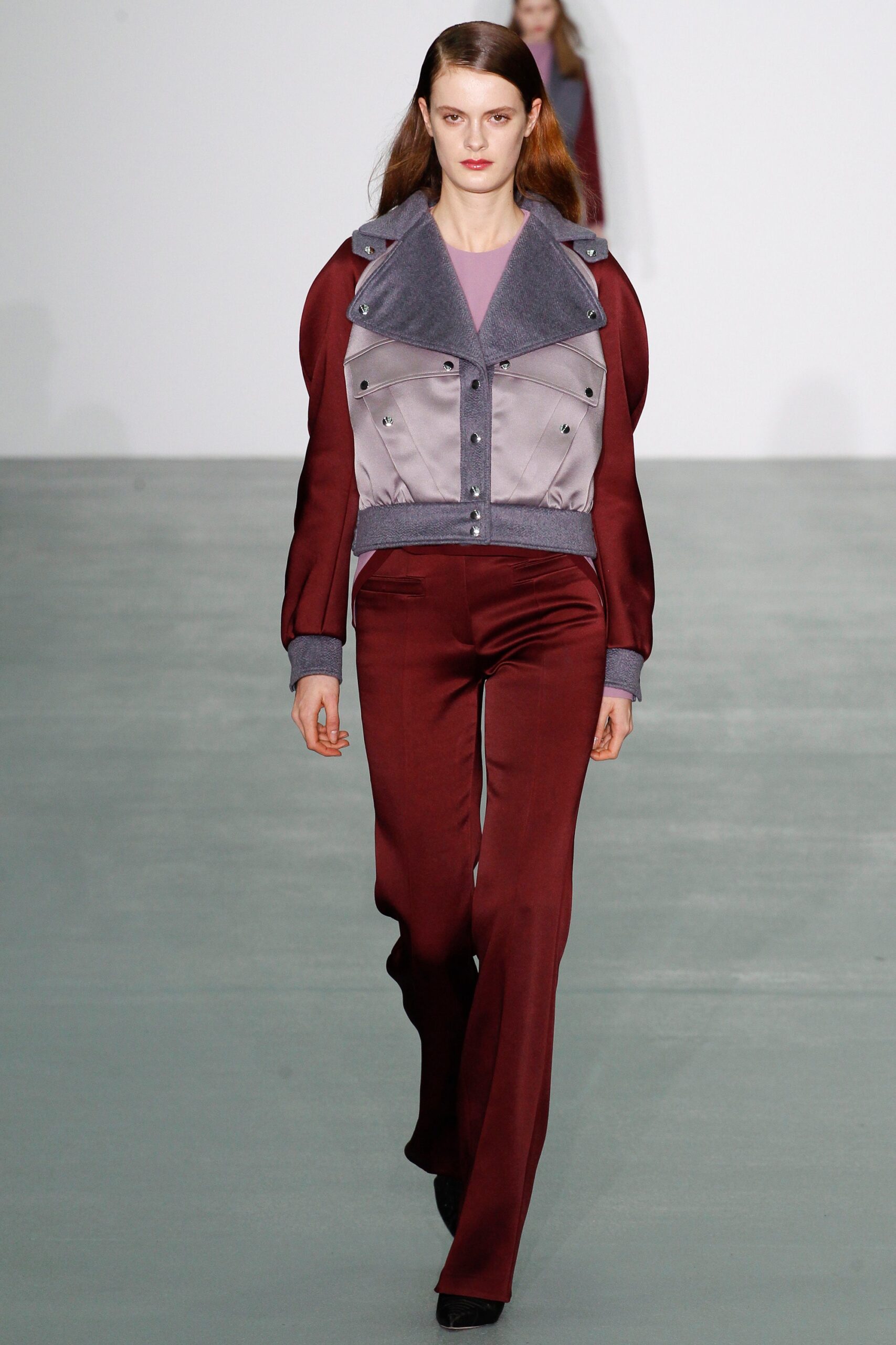 fitted burgundy jacket and tailored pants