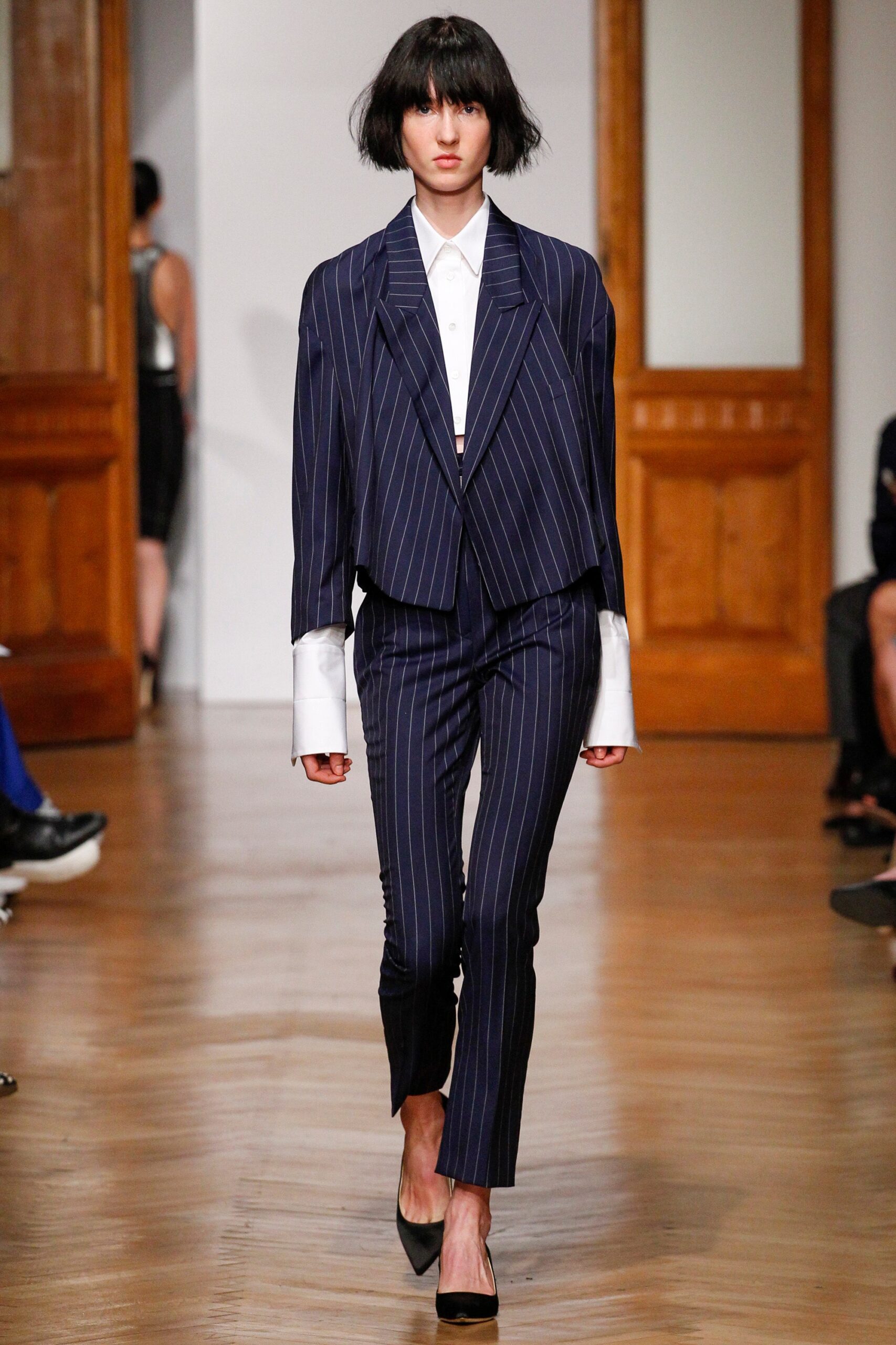 blue cotton long-sleeve collared tailored striped suit