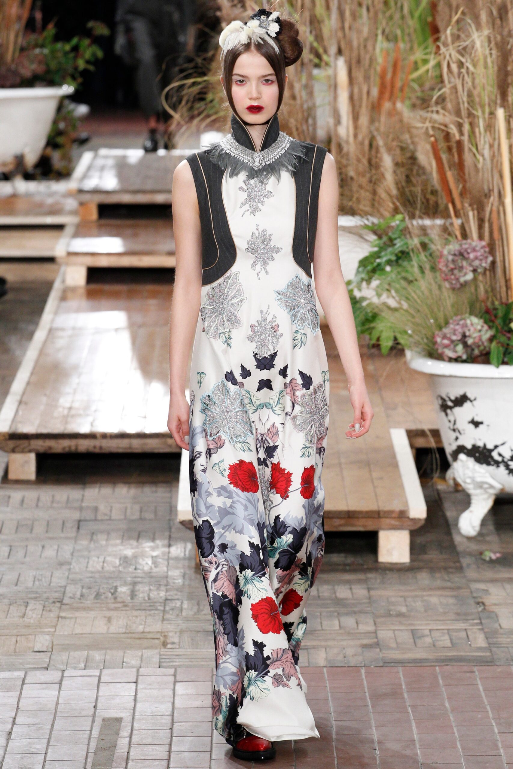 floral silk gown with black cape