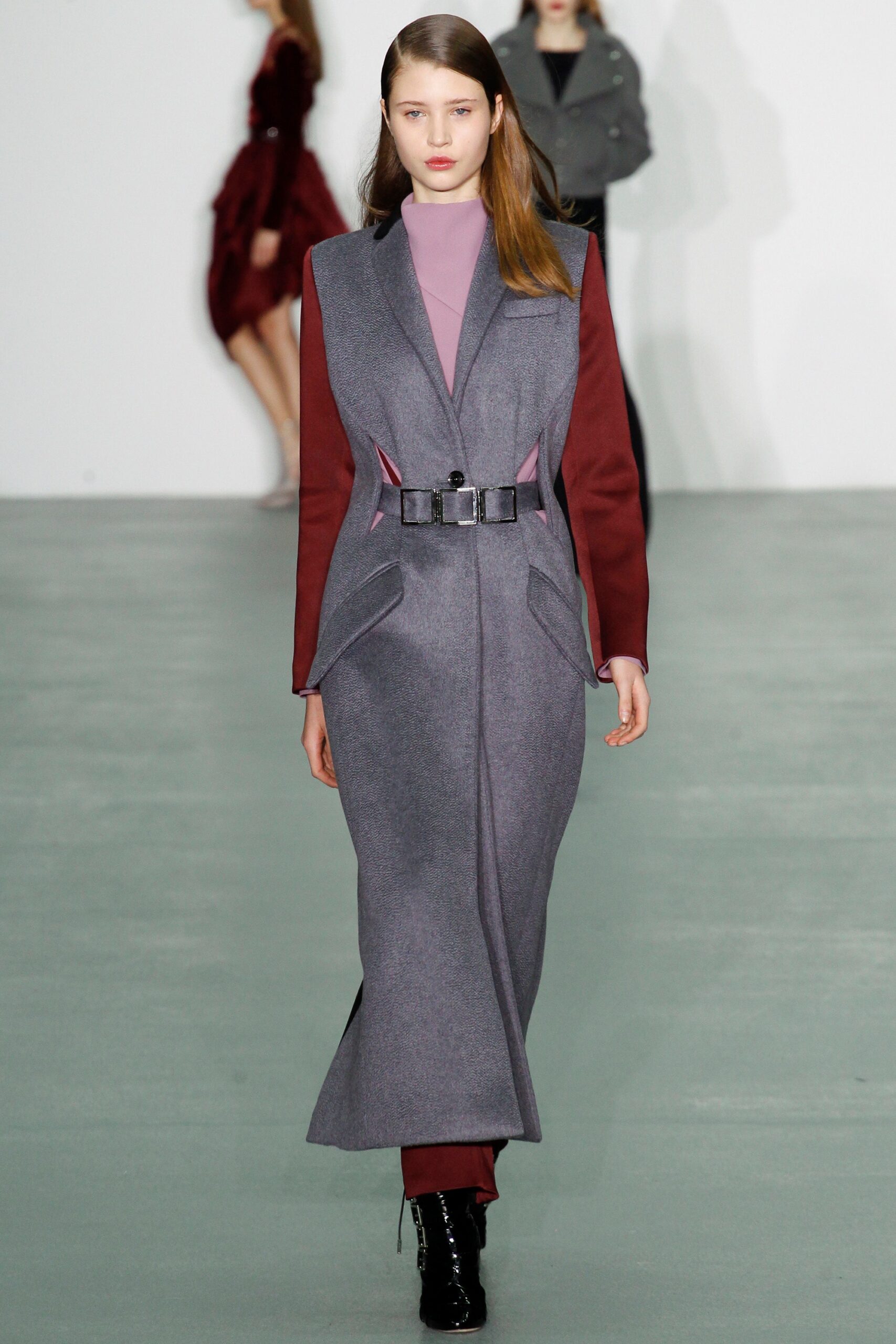 gray and red belted maxi dress