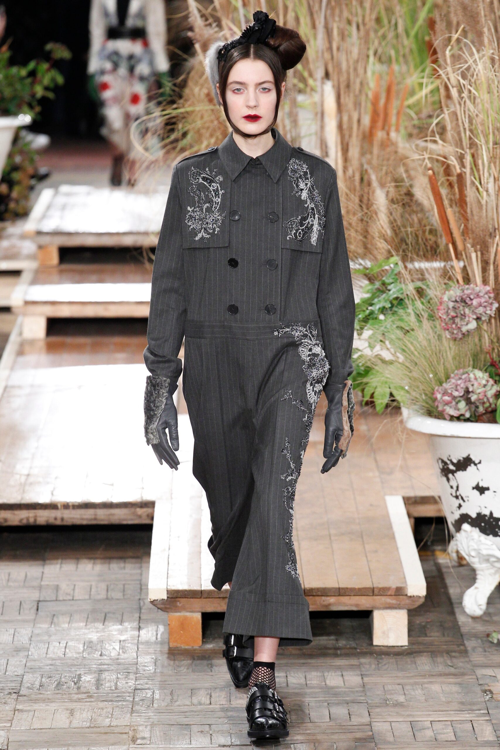 gray cotton long-sleeve collared fitted buttoned embroidered jumpsuit