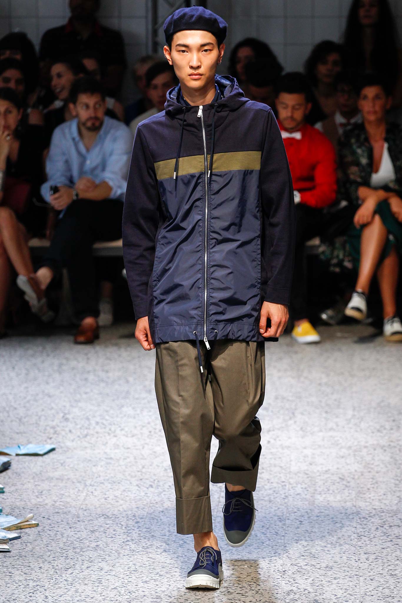 blue relaxed jacket with gray pants