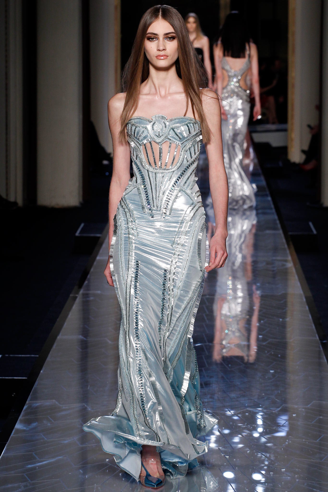 blue silk fitted gown