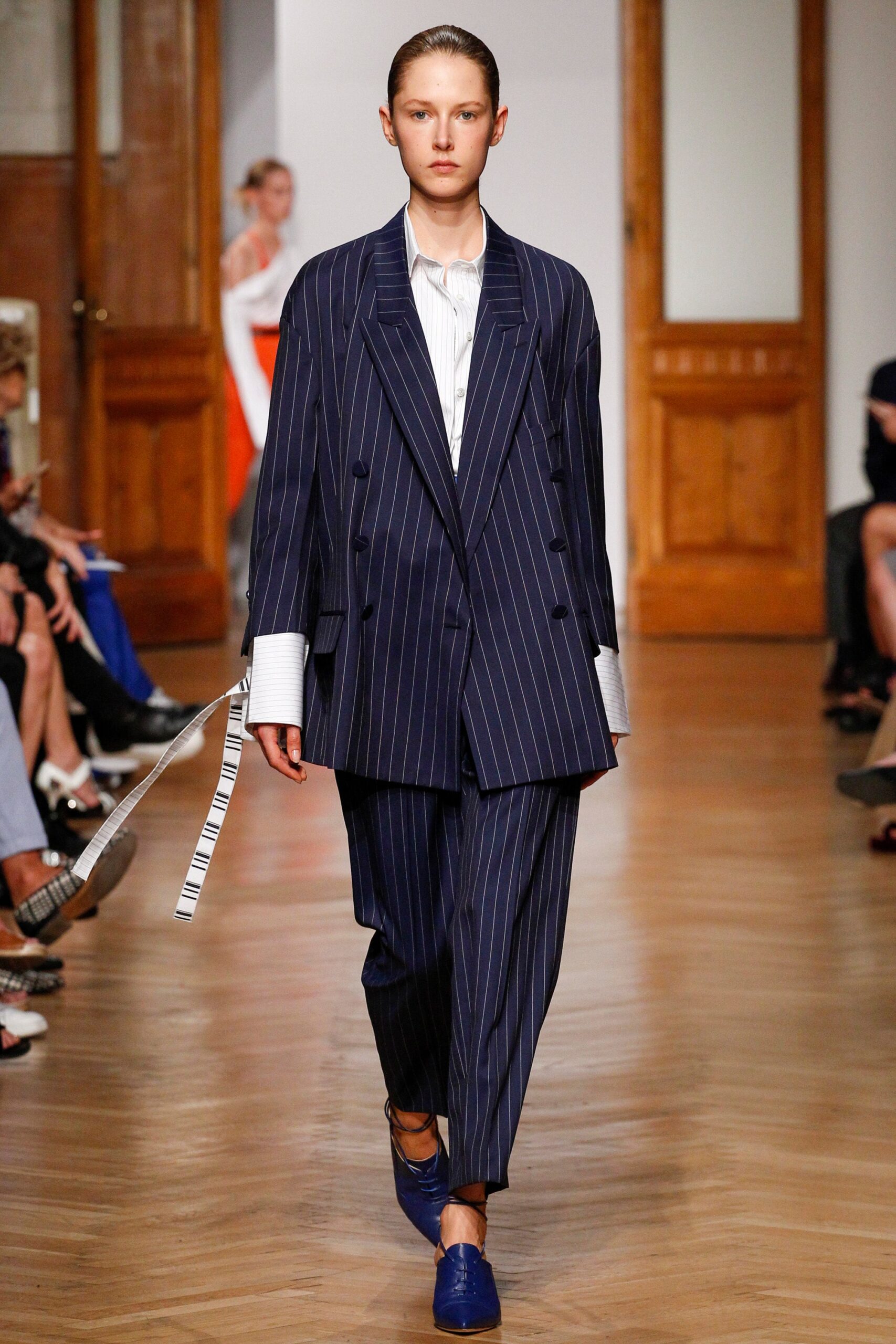 blue cotton long-sleeve collared tailored striped suit