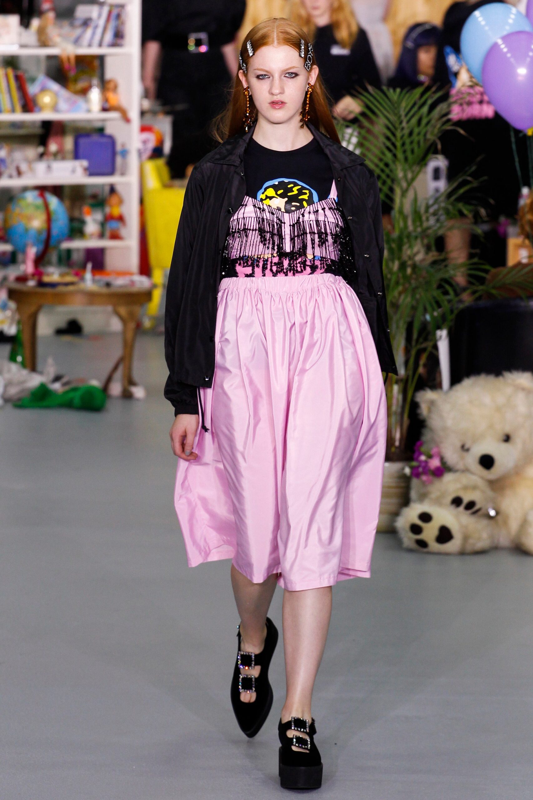 pink midi dress with black jacket