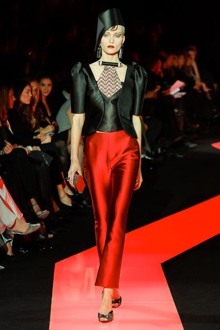 black silk fitted blazer and red satin pants