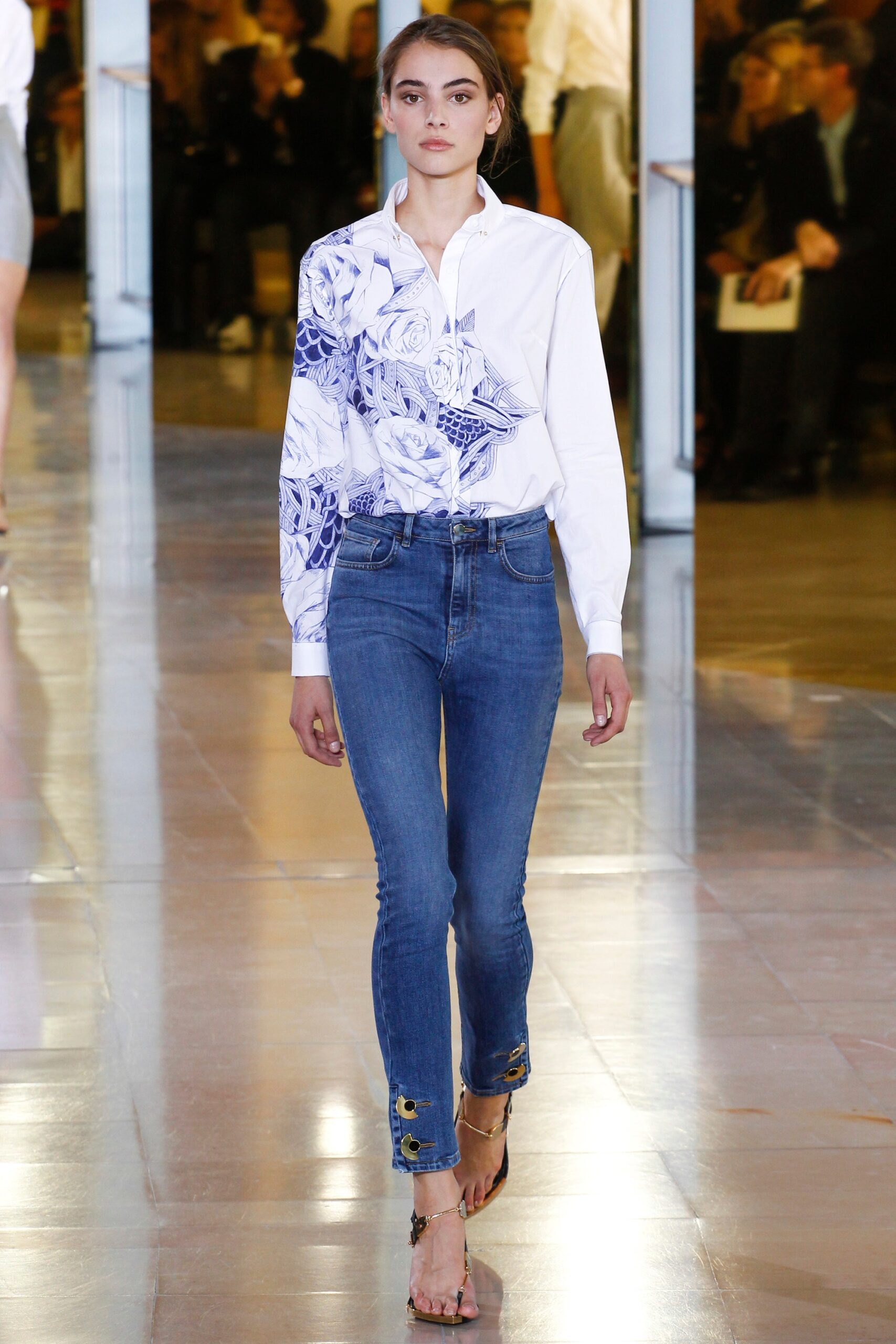 white printed shirt with blue jeans