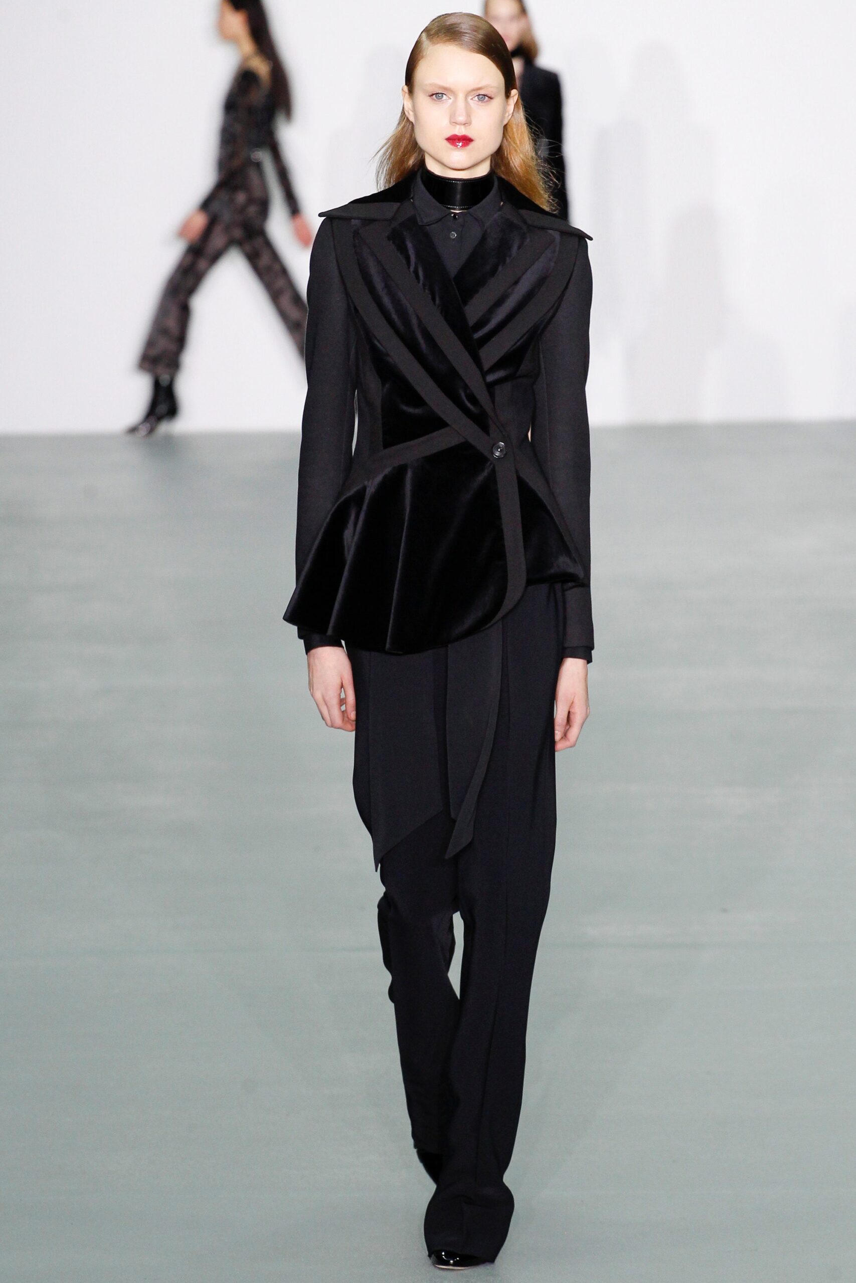black velvet long-sleeve collared tailored draped zippered blazer