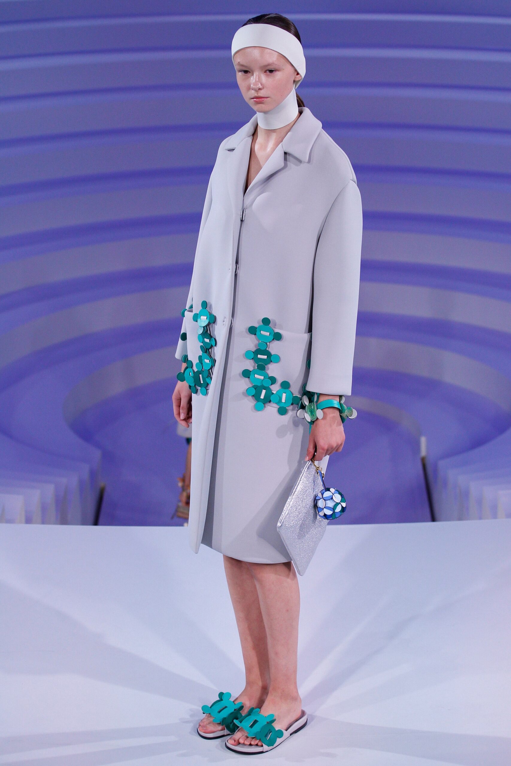 gray oversized coat with multi-colored shoes