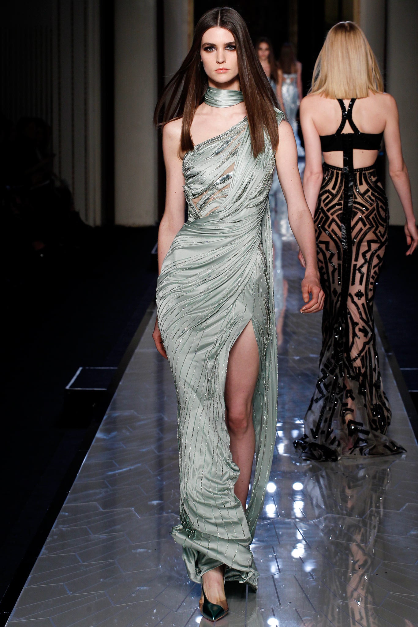 fitted green silk gown