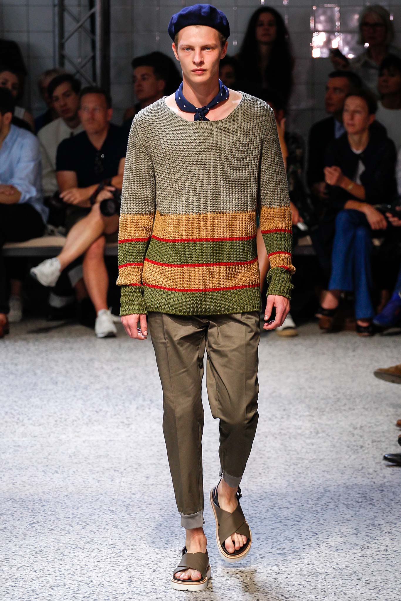gray striped relaxed sweater with beige pants